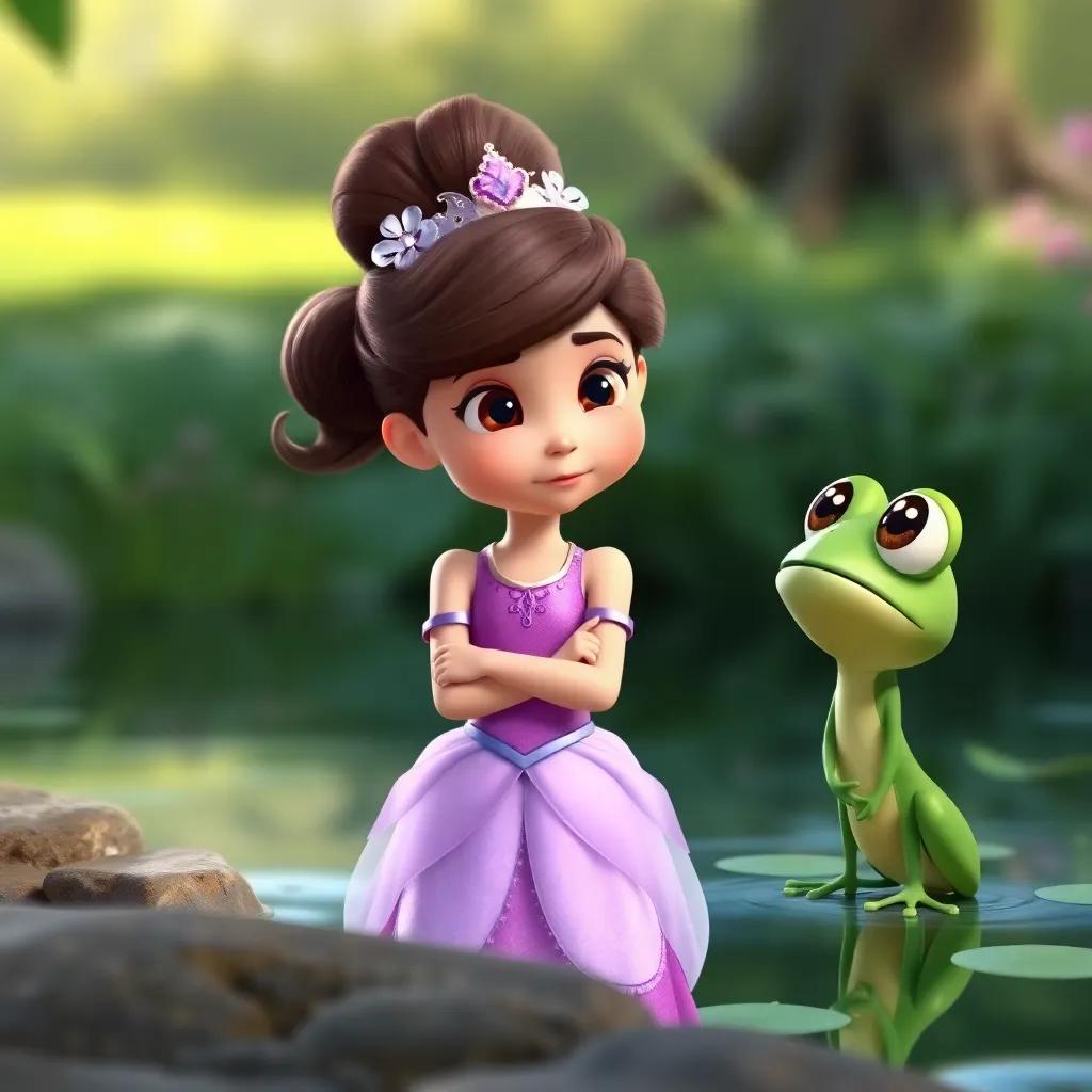A young princess, Lily, with crossed arms and a pout, standing by the pond, while the green frog looks up at her with big, round eyes, cartoon style, bright colors, engaging perspective, high quality
