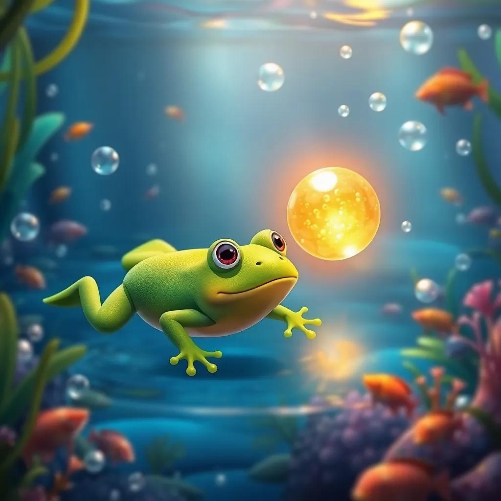 A green frog swimming in a pond towards a sparkling golden ball, vivid and lively underwater scene with bubbles and colorful fish, digital art, animated, fun and magical