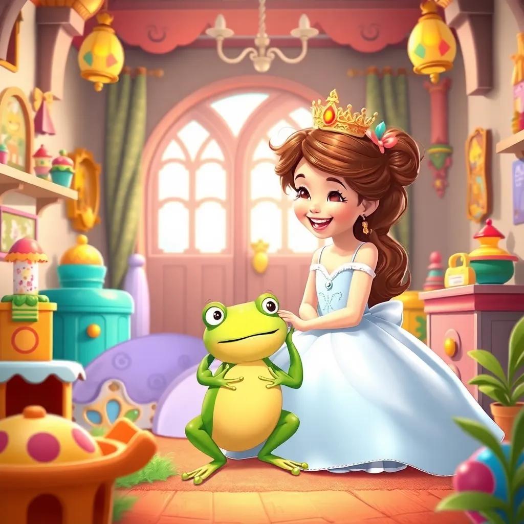 A young princess and a frog, laughing and playing together in the castle, surrounded by colorful toys and cheerful decor, illustration, friendly and inviting atmosphere, child-friendly