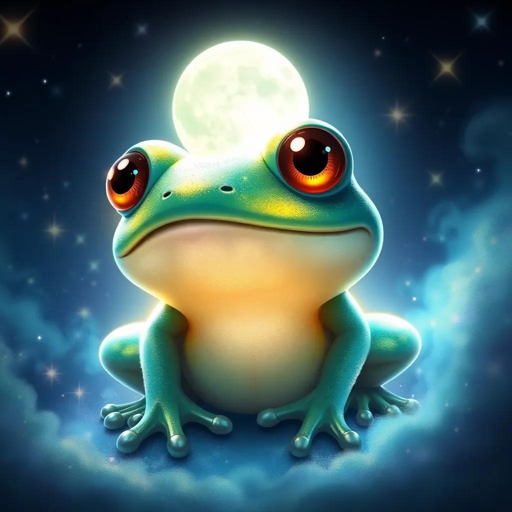 A shimmering frog with big, round eyes transforming into a handsome prince, glowing under the moonlight, surrounded by fantasy elements like sparkles and stars, digital painting, magical, enchanting, high quality