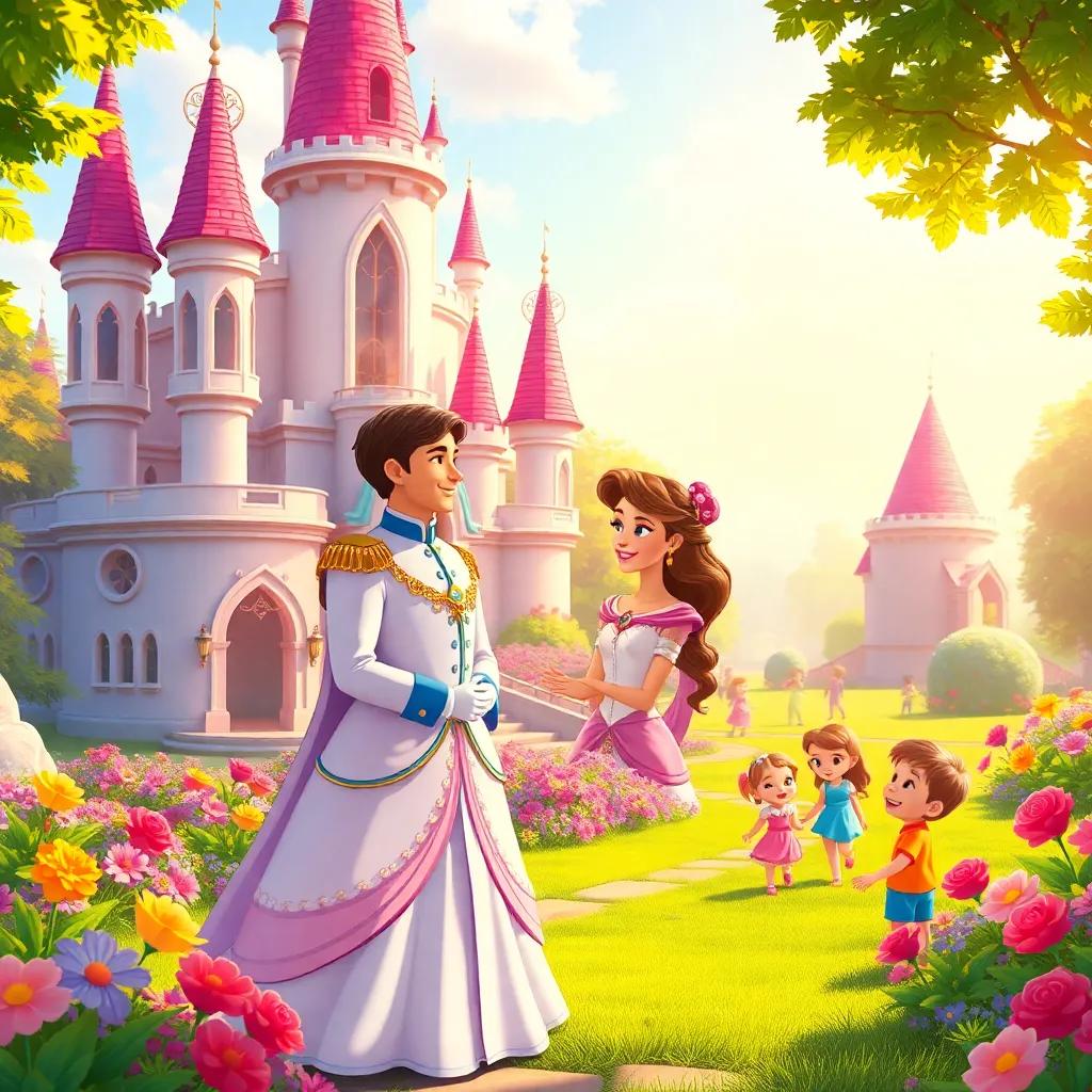 A beautiful castle with a princess and a prince standing together, smiling at each other. The garden is colorful and vibrant, with children playing happily in the background, illustration, warm light, uplifting and joyful