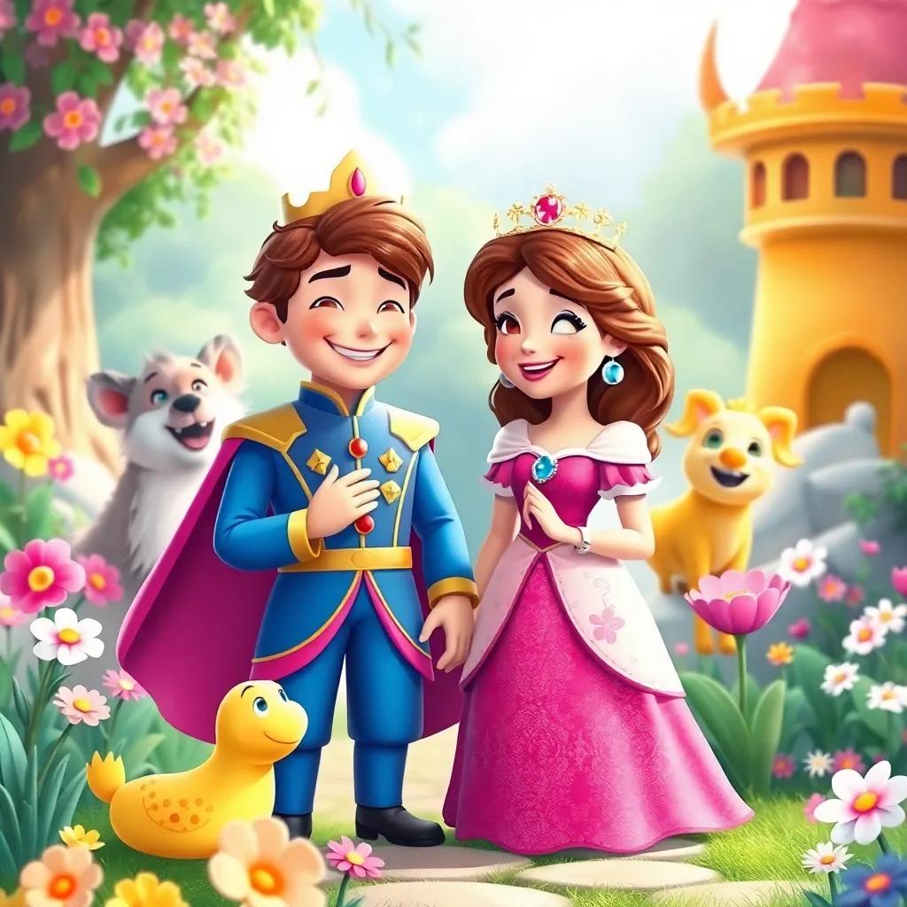 A happy princess and prince sharing a joyful moment, encouraging kindness and promises to others, in a colorful kingdom with smiling animals and blooming flowers, digital art, optimistic, cheerful atmosphere, high quality