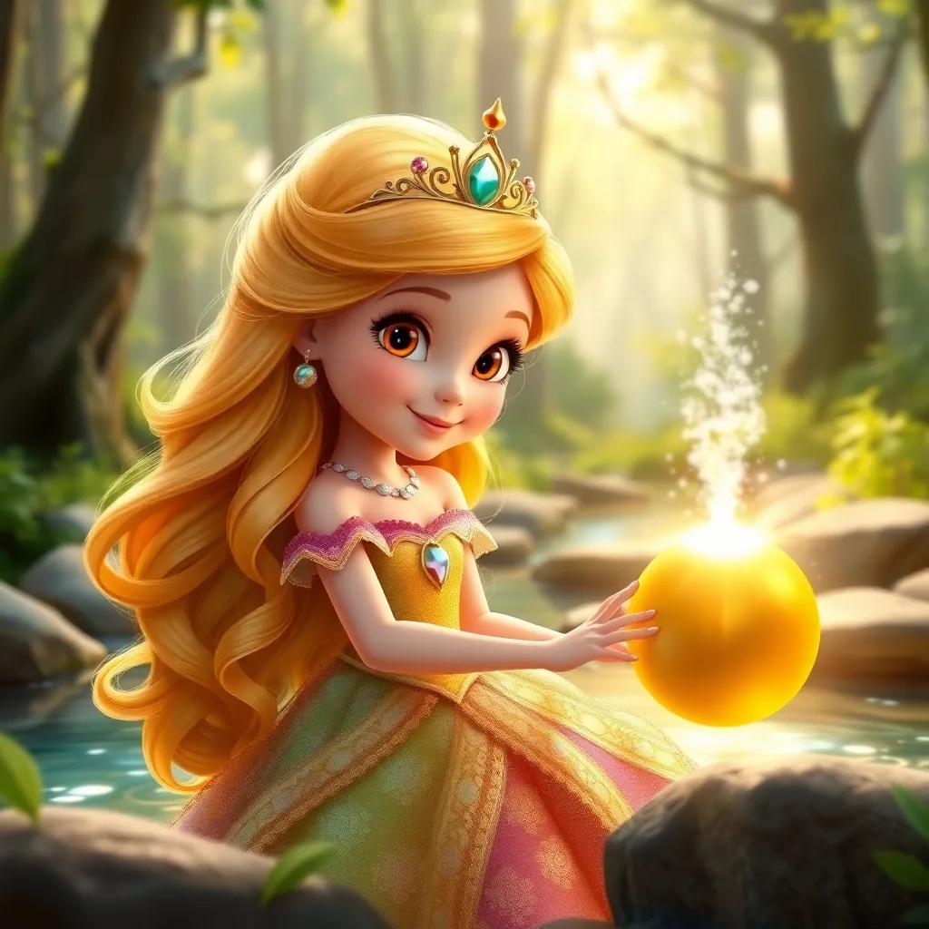 A lovely young princess named Elara, with long golden hair, wearing a colorful gown and a shiny crown, playing with a golden ball near a sparkling spring in the woods, nature setting, enchanting, bright colors, cheerful atmosphere, digital art, high quality