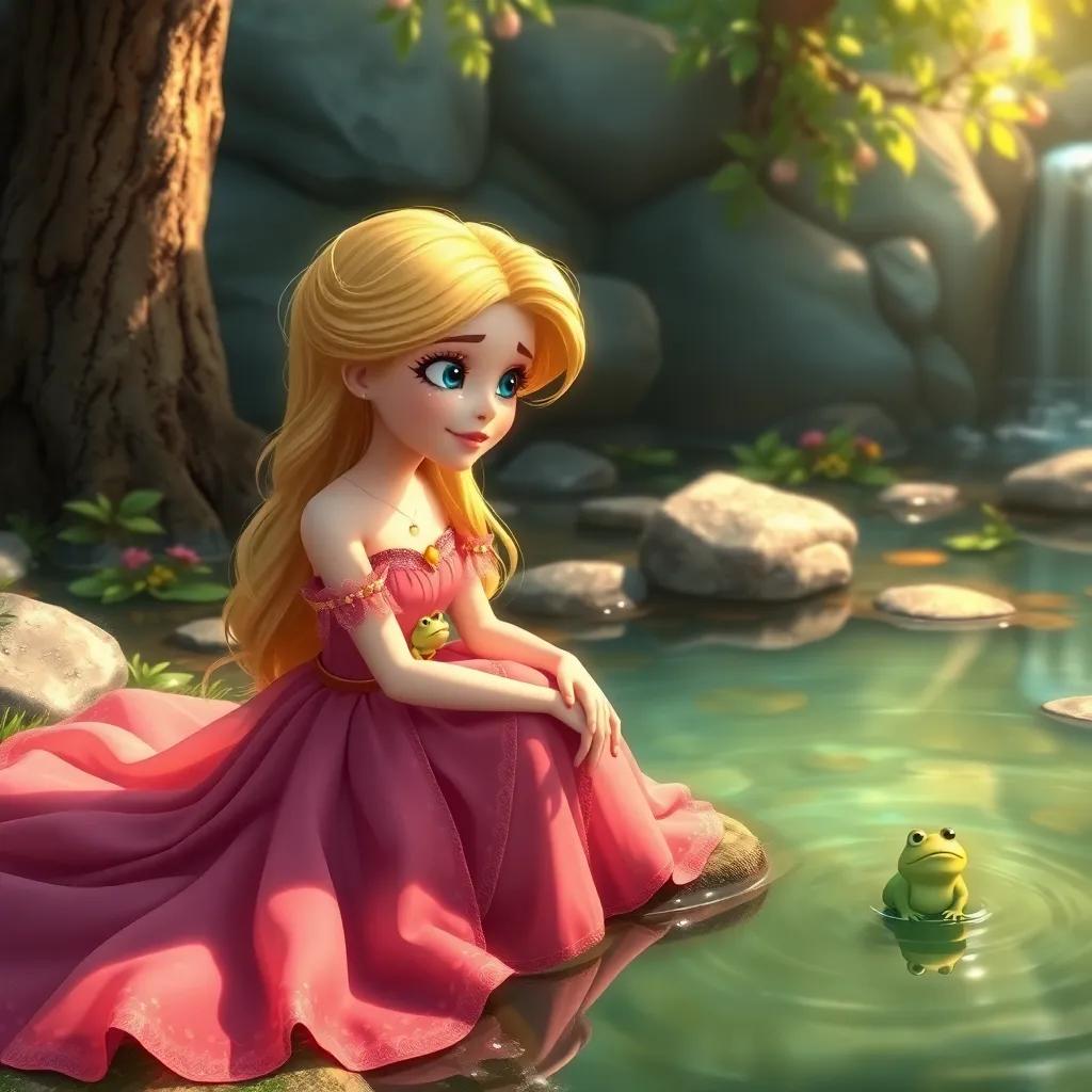 Elara, the princess with golden hair in a beautiful gown, sitting by the cool spring with tears in her eyes, a small green frog peeking out of the water, whimsical, fairytale setting, vibrant colors, magical realism, softly lit environment
