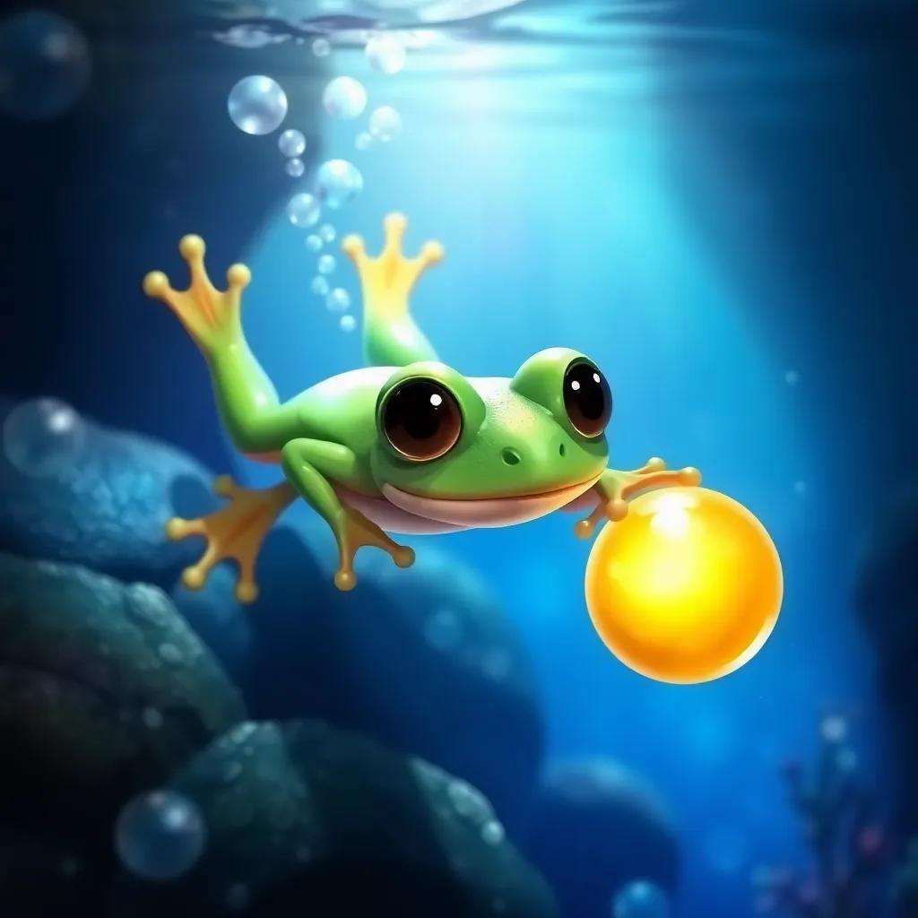 The small green frog, with big, friendly eyes, diving into the deep spring, searching for a golden ball, surrounded by soft bubbles and bright reflections in the water, underwater scene, artistic, enchanting colors, illustrative style, underwater perspective