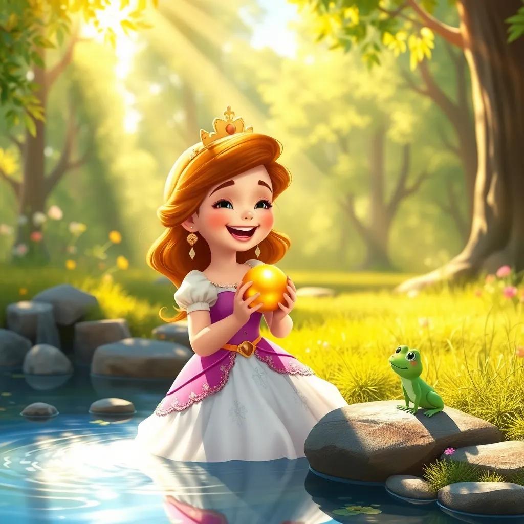 The princess Elara, with her golden ball in her hands, laughing joyfully by the spring, while the small green frog watches, golden rays of sunlight shining through the trees, playful, magical, bright colors, heartwarming scene, storybook art, high quality