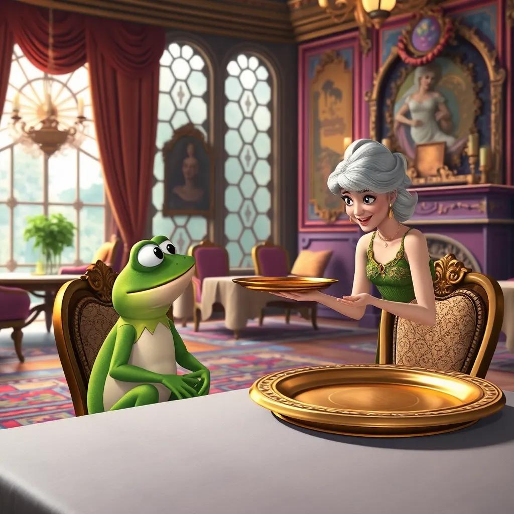 The frog, sitting next to the table in Elara's grand dining room, asking her to lift him onto a chair, while Elara, looking surprised, serves him from her golden plate, an elegant room filled with colorful decor, storytelling view, friendly atmosphere, detailed art