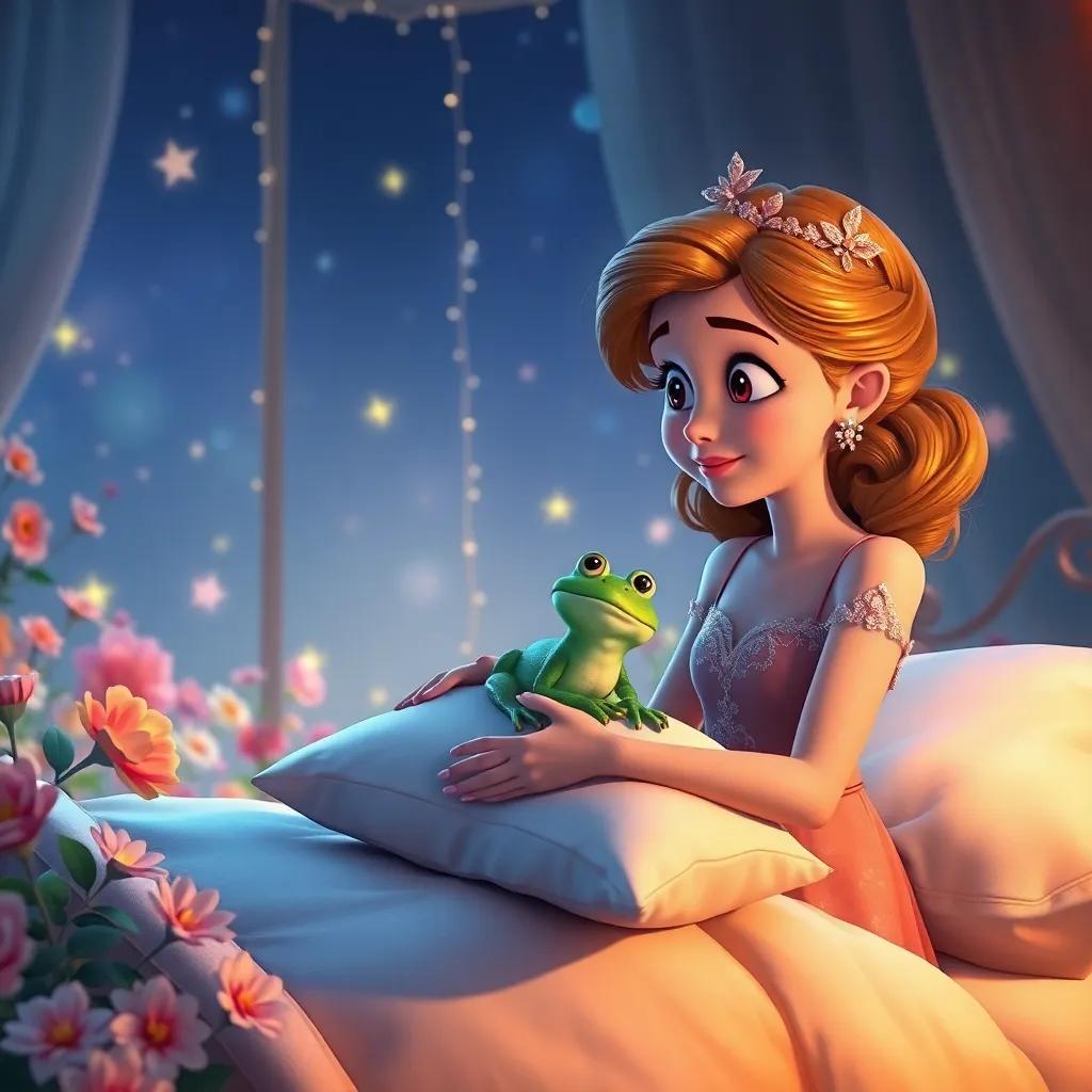 Elara, lifting the frog, placing him on her soft pillow in a beautiful bedroom filled with flowers and sparkling lights, looking thoughtfully at him as he smiles back, night setting, soft and warm colors, homey and inviting, digital painting