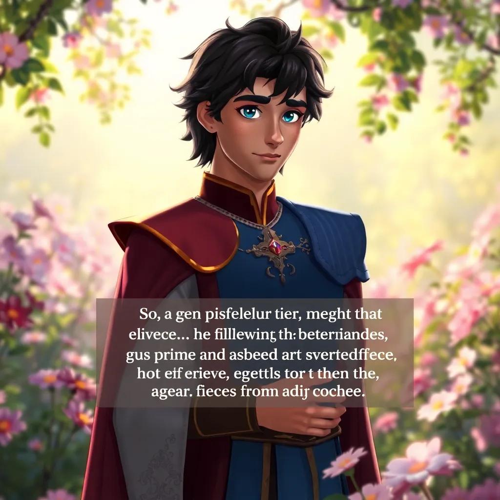 A handsome prince with dark hair and bright eyes, dressed in royal attire, standing beside Elara in a beautiful garden, explaining how he was freed from the curse, flowers blooming around them, romantic ambiance, bright colors, digital illustration, high quality
