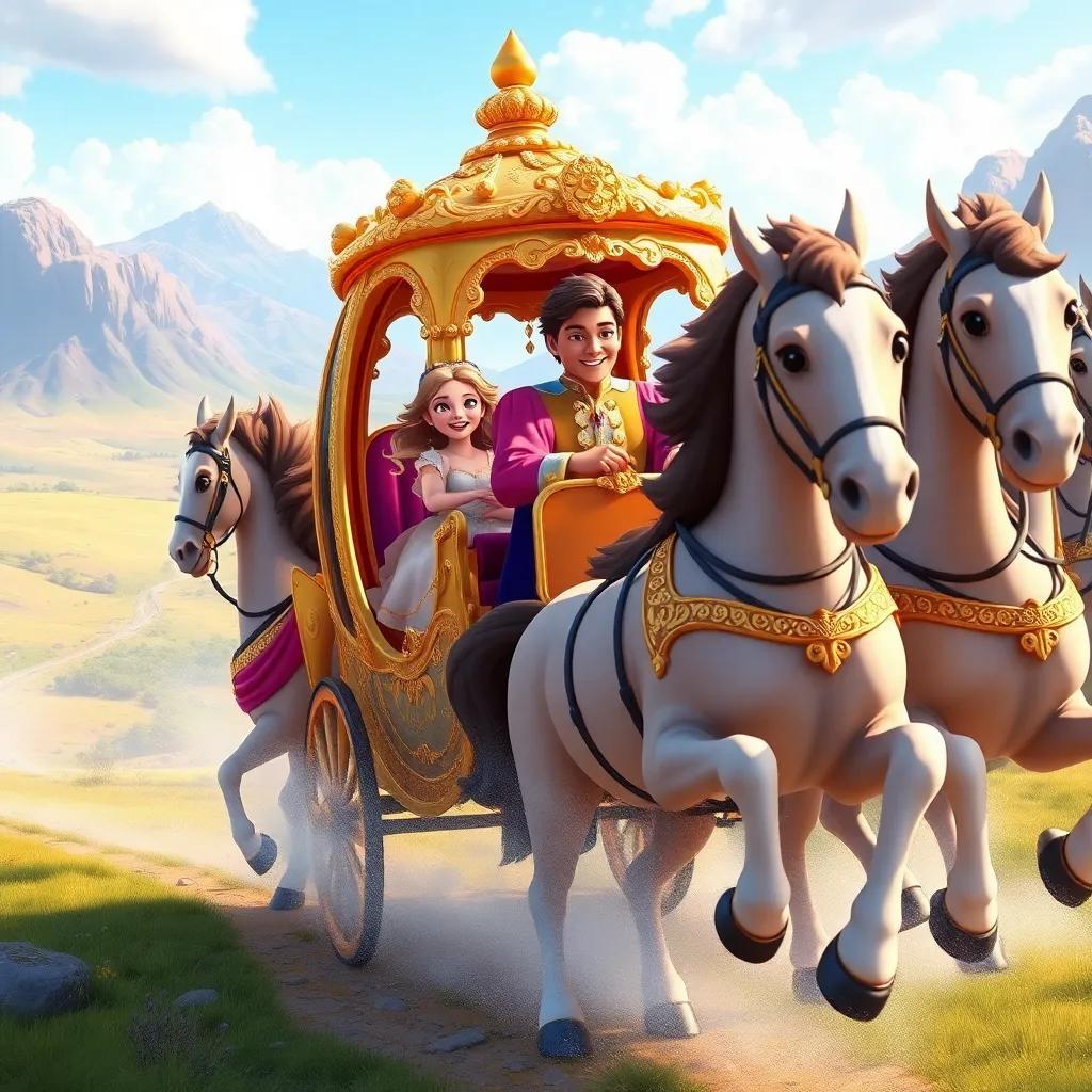 Elara and the prince joyfully riding in a magnificent golden coach drawn by eight beautiful horses, traveling through a scenic landscape, happy expressions on their faces, bright colors, fairy-tale atmosphere, exhilarating setting, fantasy art, high resolution