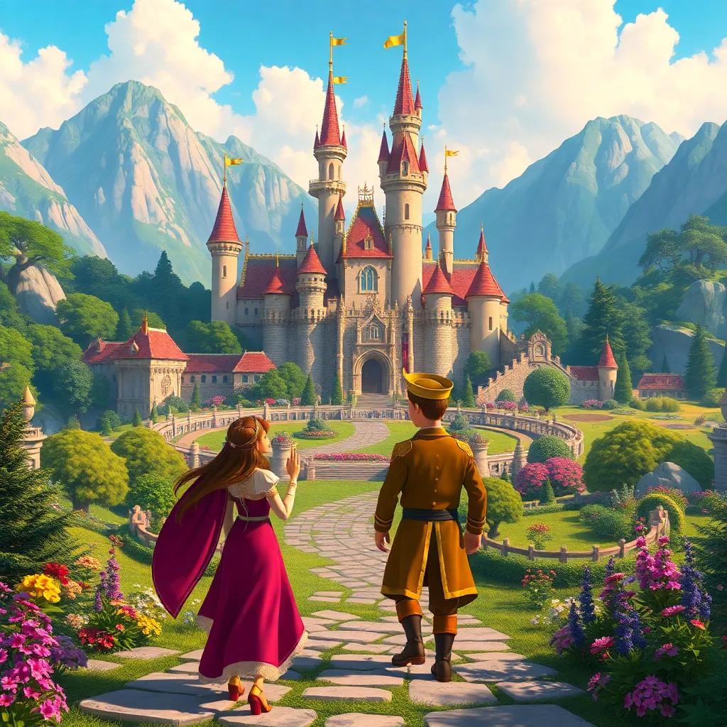 The beautiful kingdom of the prince in the background, with towering castles, lush gardens, and a vibrant landscape, as Elara and the prince approach their new home, joyful, enchanting scenery, colorful and detailed, fairytale setting, artistic view, high quality
