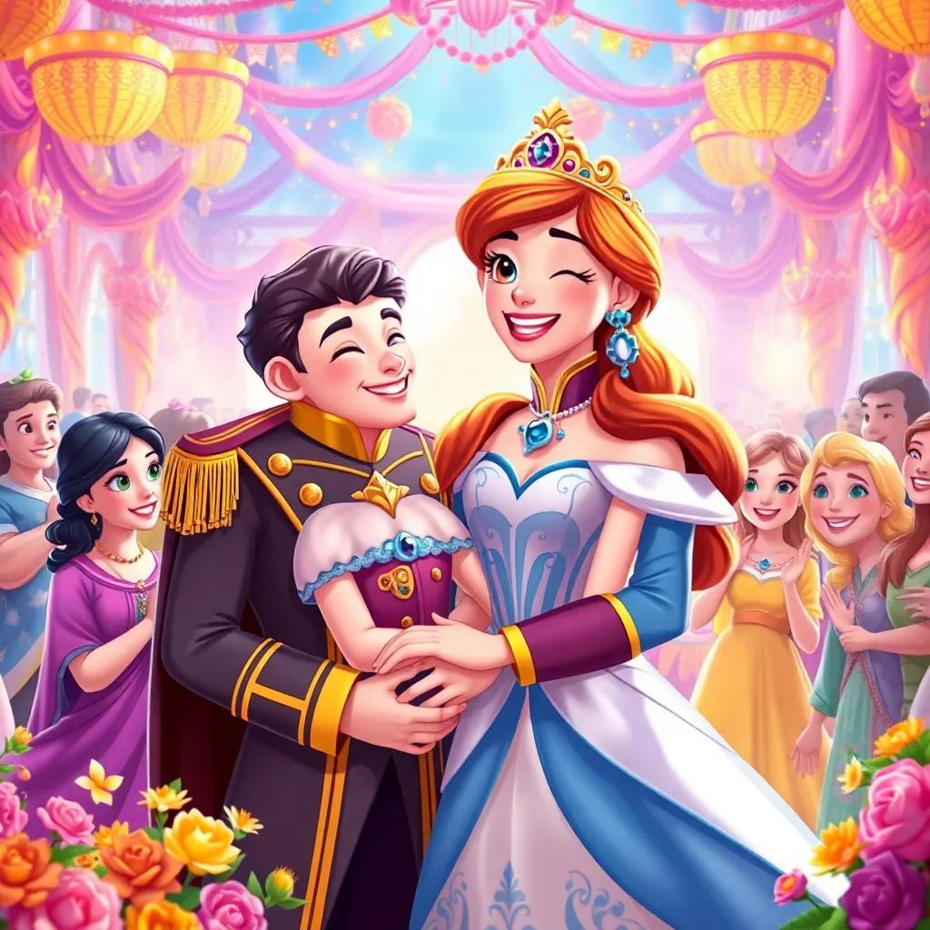 The princess Elara and the prince sharing a happy moment, surrounded by the royal family and friends in a grand celebration, colorful decorations and flowers everywhere, smiles and laughter filling the air, festive atmosphere, vibrant colors, storybook illustration, joyous celebration, high quality