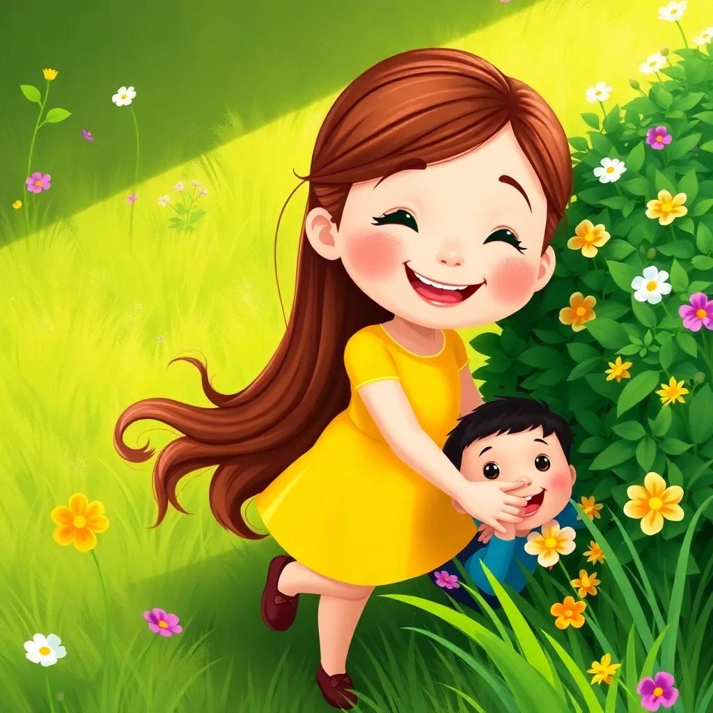 Lily, a happy girl with long brown hair in a bright yellow dress, finding her friend Max, who is giggling and hiding behind a bush, surrounded by green grass and colorful flowers, digital painting, playful scene, vibrant colors, child-friendly
