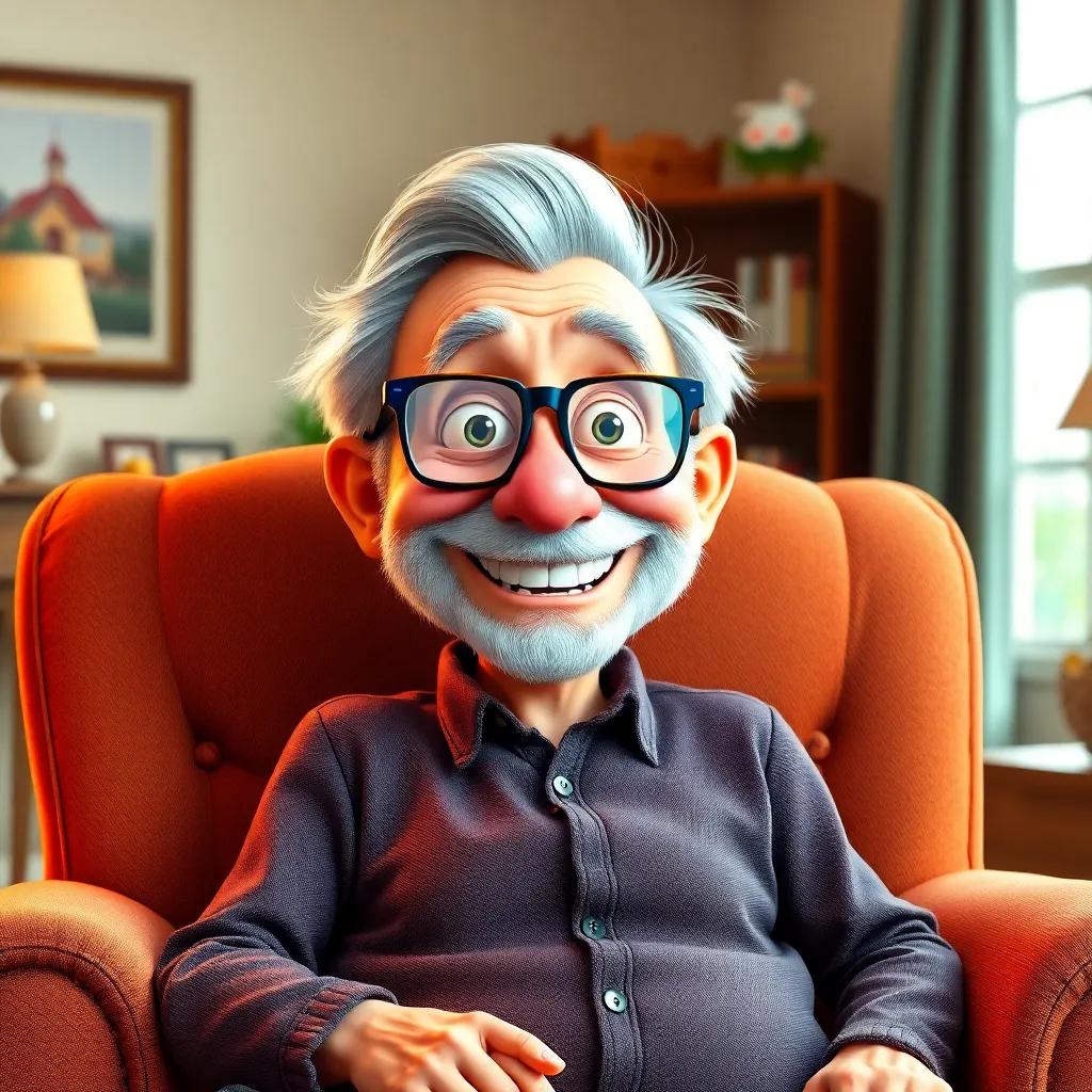 Old Man Ollie, a cheerful elderly man with gray hair and a bright smile, wearing colorful bi-focals, sitting comfortably in a cozy armchair with humorous expressions in a warm living room, digital art, light and bright colors, inviting atmosphere, high quality