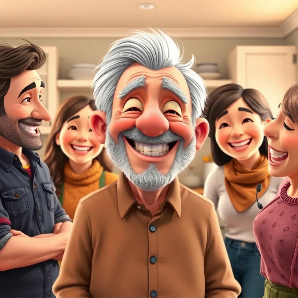 Old Man Ollie, with gray hair and a playful grin, surrounded by his adult children who look middle-aged in casual clothes, laughing and teasing him in a bright kitchen, cheerful family atmosphere, digital illustration, warm and engaging, high quality