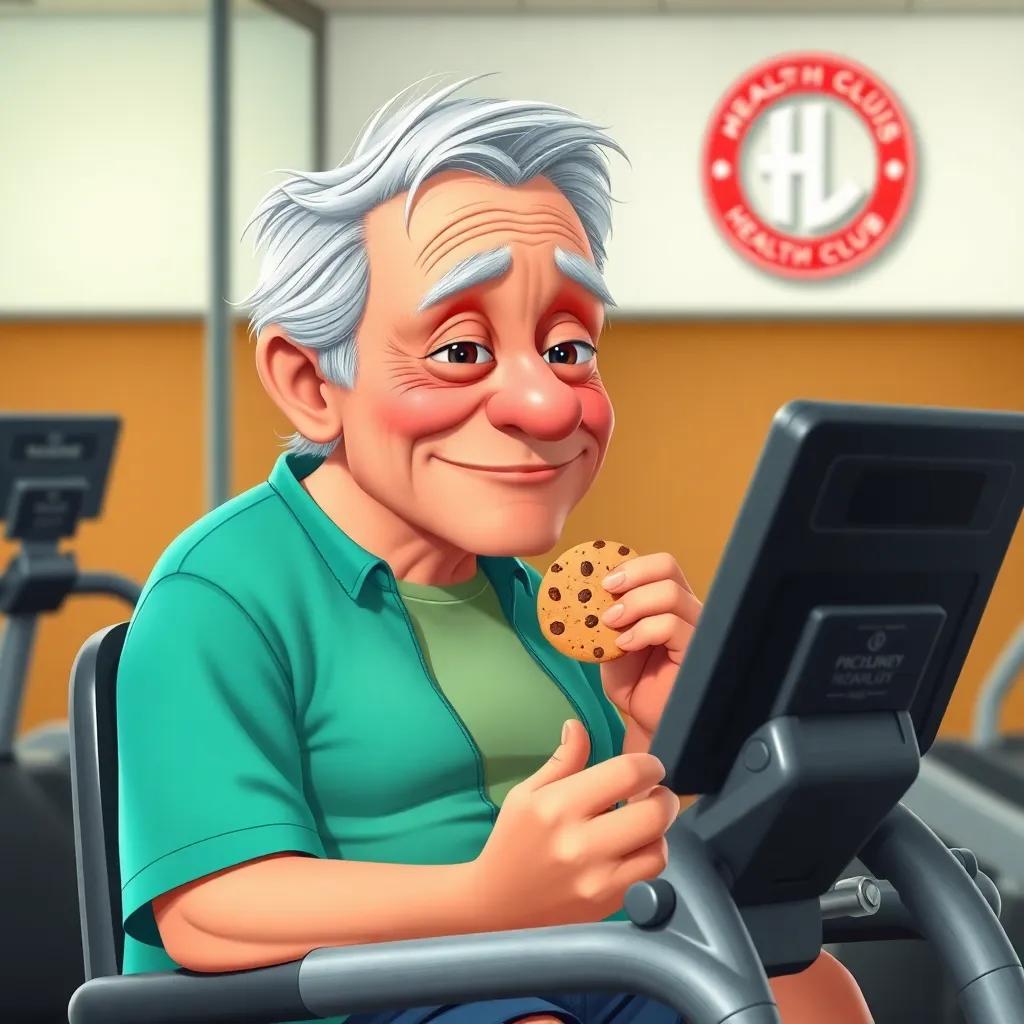 Old Man Ollie, with gray hair and a silly expression, sitting alone on an exercise machine, munching on a cookie with his health club's logo in the background, humorous and relaxed tone, digital art, colorful, lighthearted quality