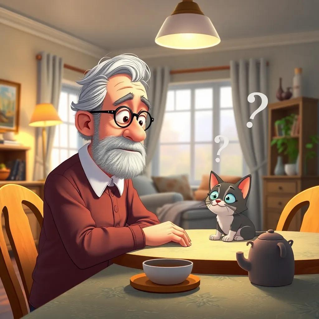 Old Man Ollie, a wise old man with gray hair, sitting at a dining table with a curious cat, looking thoughtful and answering imaginary questions in a bright living room, digital illustration, cheerful ambiance, high quality
