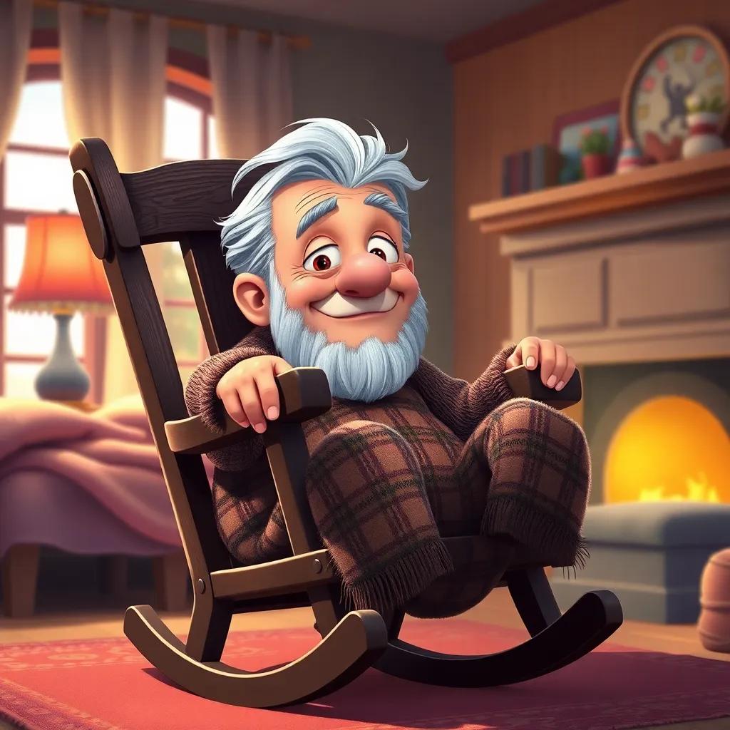Old Man Ollie, with gray hair and a bemused look, trying to rock in a stubborn rocking chair that won't budge, surrounded by cozy blankets in a warmly lit room, illustration, humorous and warm, high quality