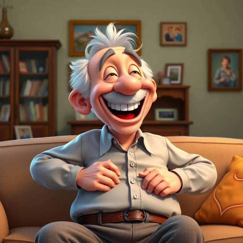 Old Man Ollie, laughing and adjusting his belt while sitting on a couch, showing a playful expression of surprise, cozy living room with family photos in the background, digital art, whimsical and fun atmosphere, high quality
