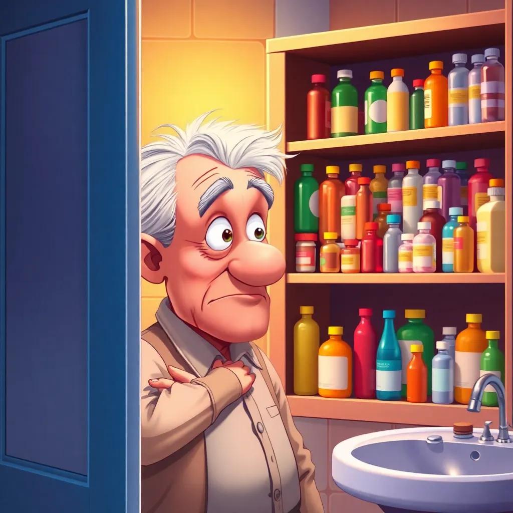 Old Man Ollie, with gray hair, looking puzzled while examining an overflowing medicine cupboard filled with colorful bottles, humorous setting in a bright bathroom, digital illustration, vibrant and engaging quality
