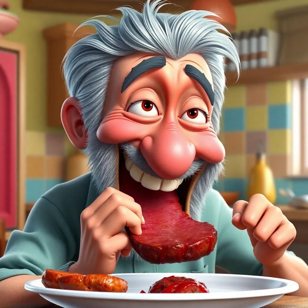 Old Man Ollie, with gray hair and laughter in his eyes, biting into a steak with a funny expression as the meat sticks to his teeth, colorful kitchen setting, digital art, humorous and lively atmosphere, high quality
