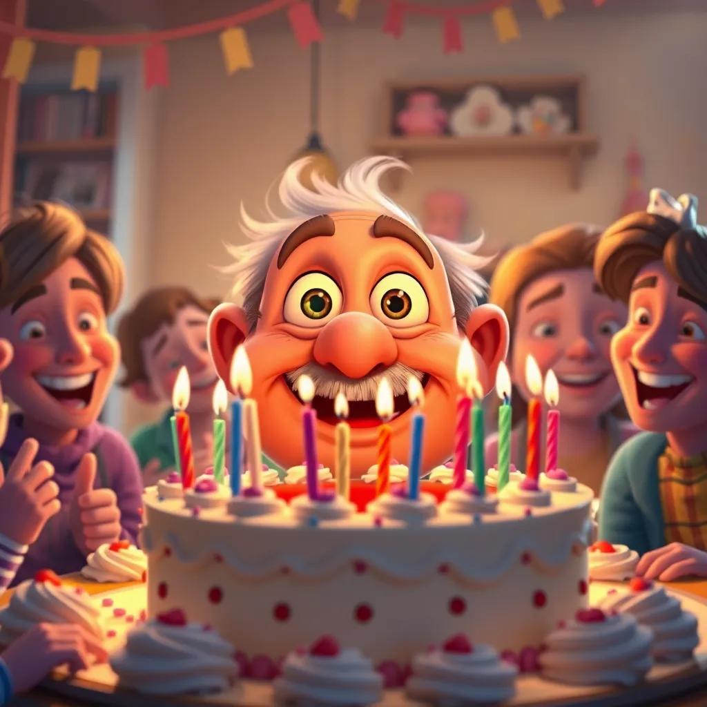 Old Man Ollie, surrounded by a birthday cake with too many candles, looking wide-eyed and joyful as friends gather around him to celebrate, warm and festive atmosphere, digital illustration, bright and cheerful, high quality
