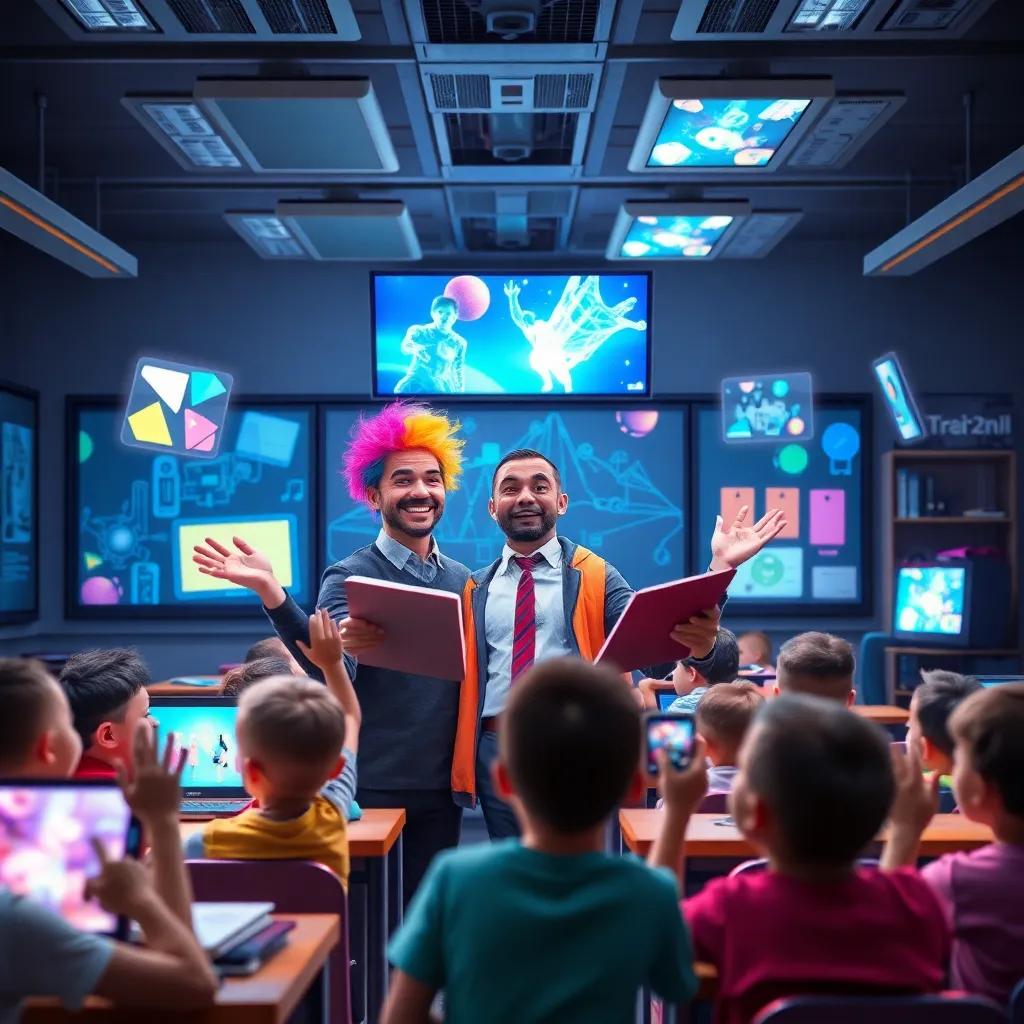 A futuristic classroom with floating screens and holographic books, a cheerful teacher Mr. Zane with rainbow-colored hair, children amazed and excited, colorful technology around, digital art, lively, immersive, engaging atmosphere, high quality