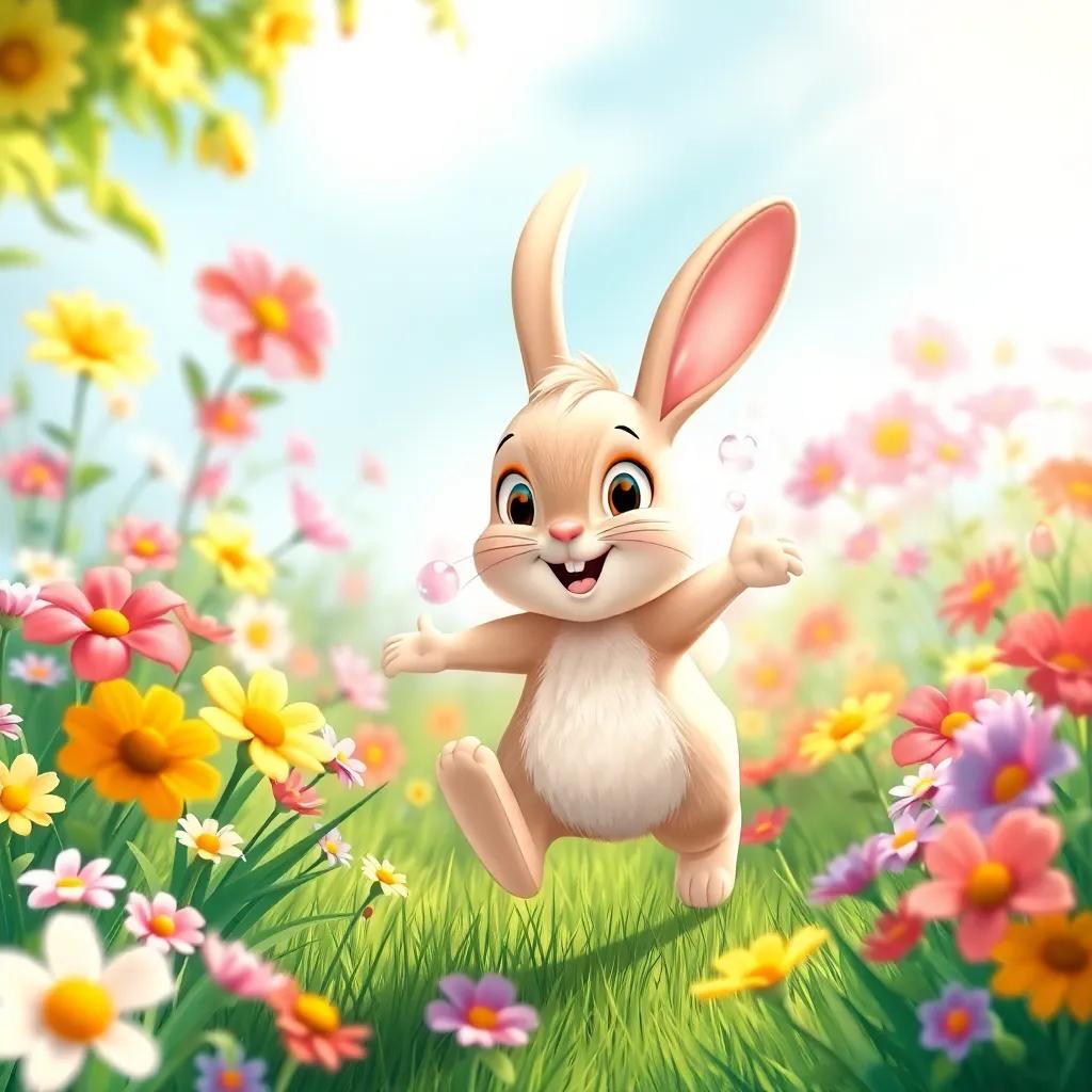 A playful bunny, Bubbles, hopping through a colorful flower garden filled with flowers and green grass, sunlight shining down, cheerful, vibrant colors, digital art, high quality