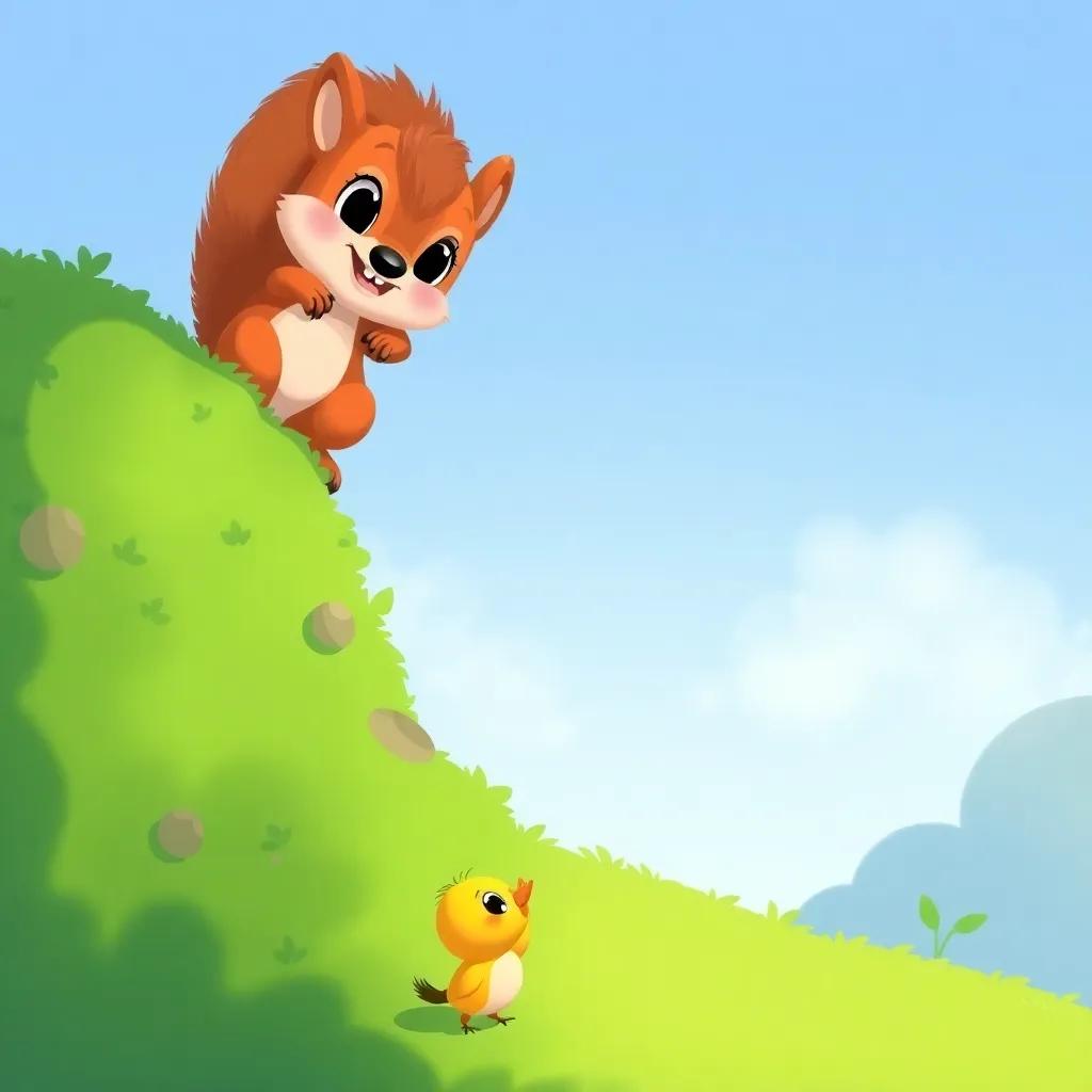 Fluffy the squirrel climbing the bush gently, Bubbles and Pippin at the bottom cheering, helping the little bird, bright colors, teamwork spirit, adventure-themed illustration, heartwarming