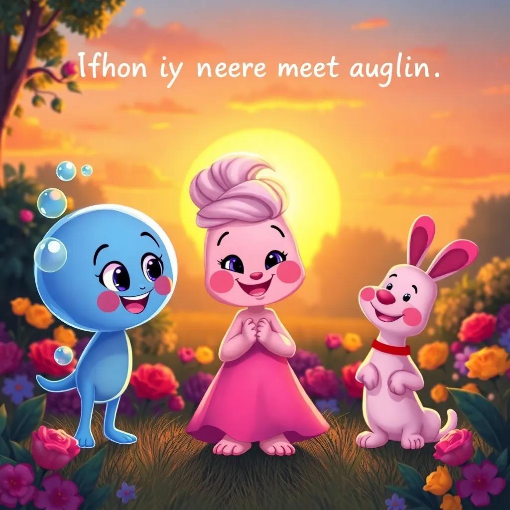Bubbles, Fluffy, and Pippin making promises to meet again, sunset in the background, happy expressions, a colorful garden scene, warm tones, heartfelt farewell, illustration