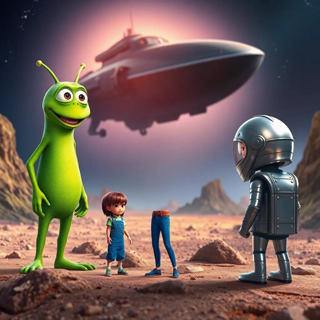 A tall green alien named Zog, with big eyes and three antennae, standing on a rocky alien planet, speaking passionately to Zara, a brave girl with short brown hair in a blue jumpsuit, and Leo in a shiny silver helmet. The background shows a looming dark spaceship threatening the alien world, dramatic lighting, vivid colors, engaging storyline, high quality