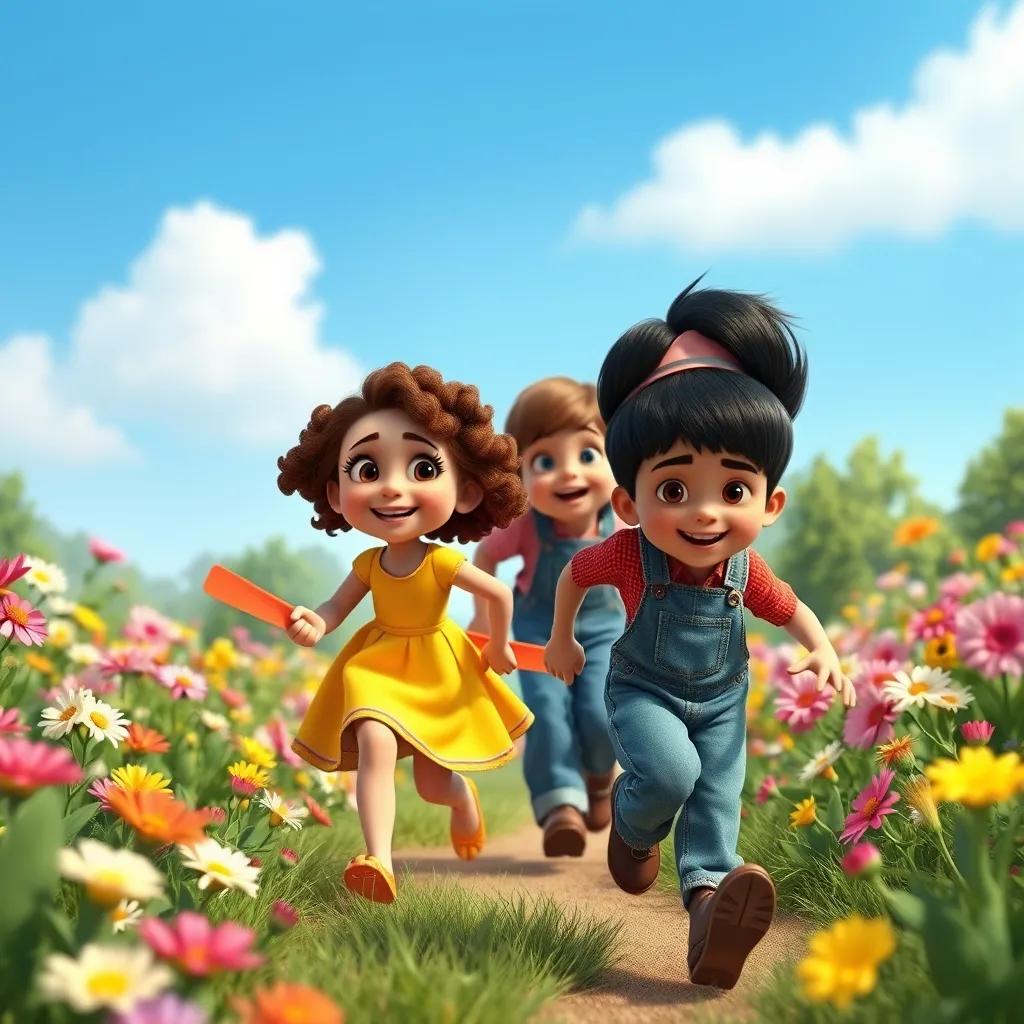 A vibrant garden filled with colorful flowers blooming under a clear blue sky. Mia, a young girl with curly brown hair wearing a bright yellow dress, and Noah, a young boy with straight black hair in blue overalls, rush towards their father with joyful expressions.