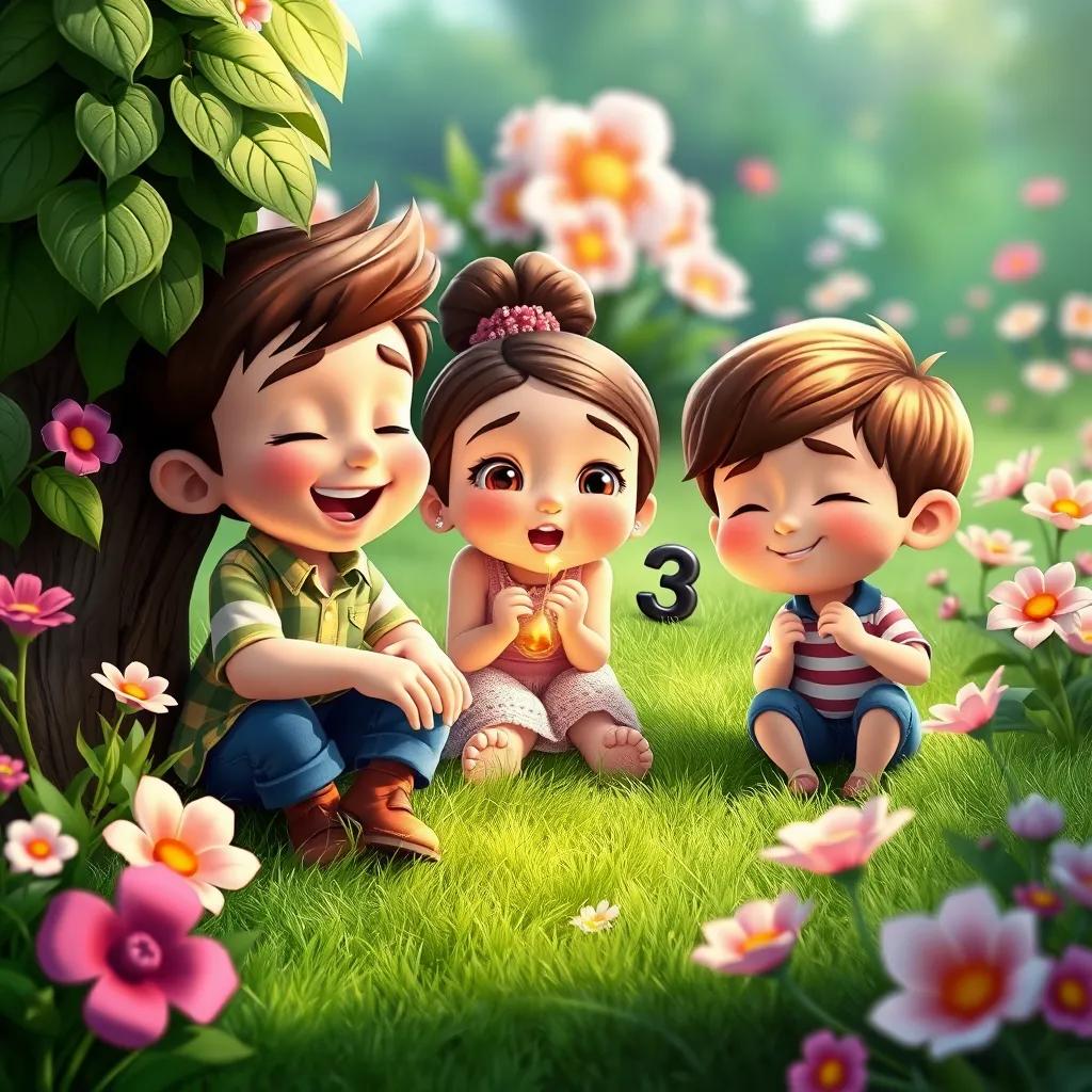 A playful garden treasure hunt scene. Leo hides a shiny toy under a bush while Mia and Noah count with their eyes closed. They look excited, surrounded by blooming flowers and green grass.