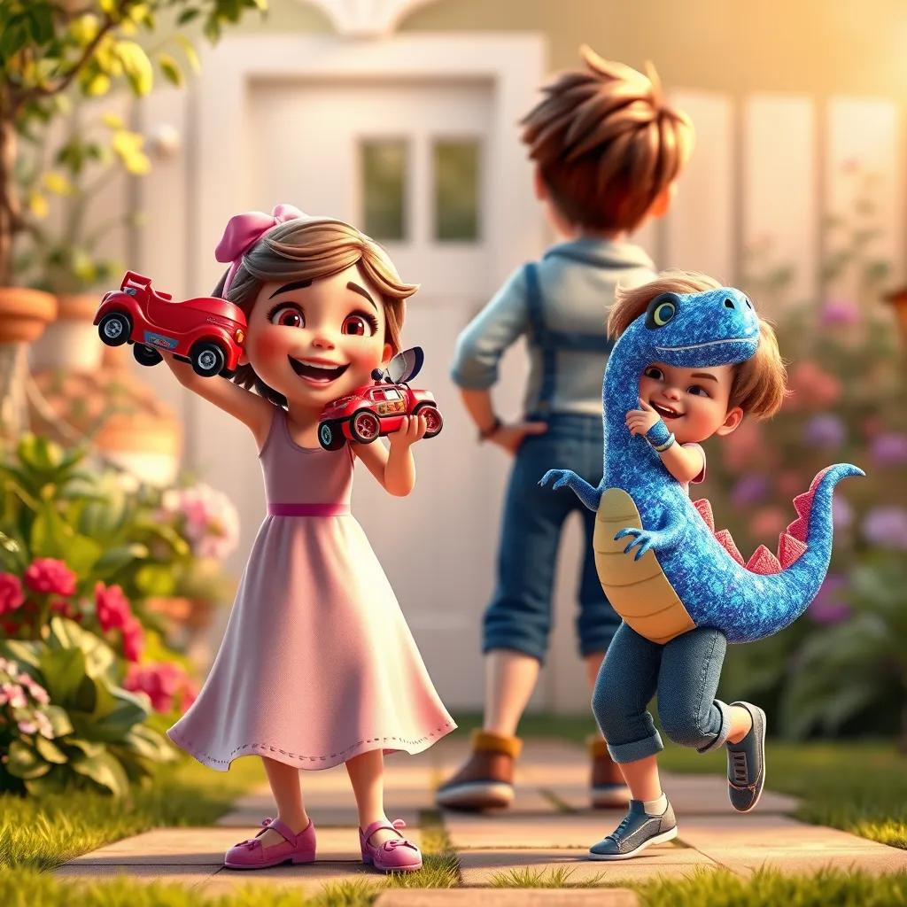 A joyful moment as Mia holds a shiny red toy car and Noah clutches a sparkly blue dinosaur. They are dancing and cheery while Leo stands back watching them, filled with pride and joy in the background of their garden.