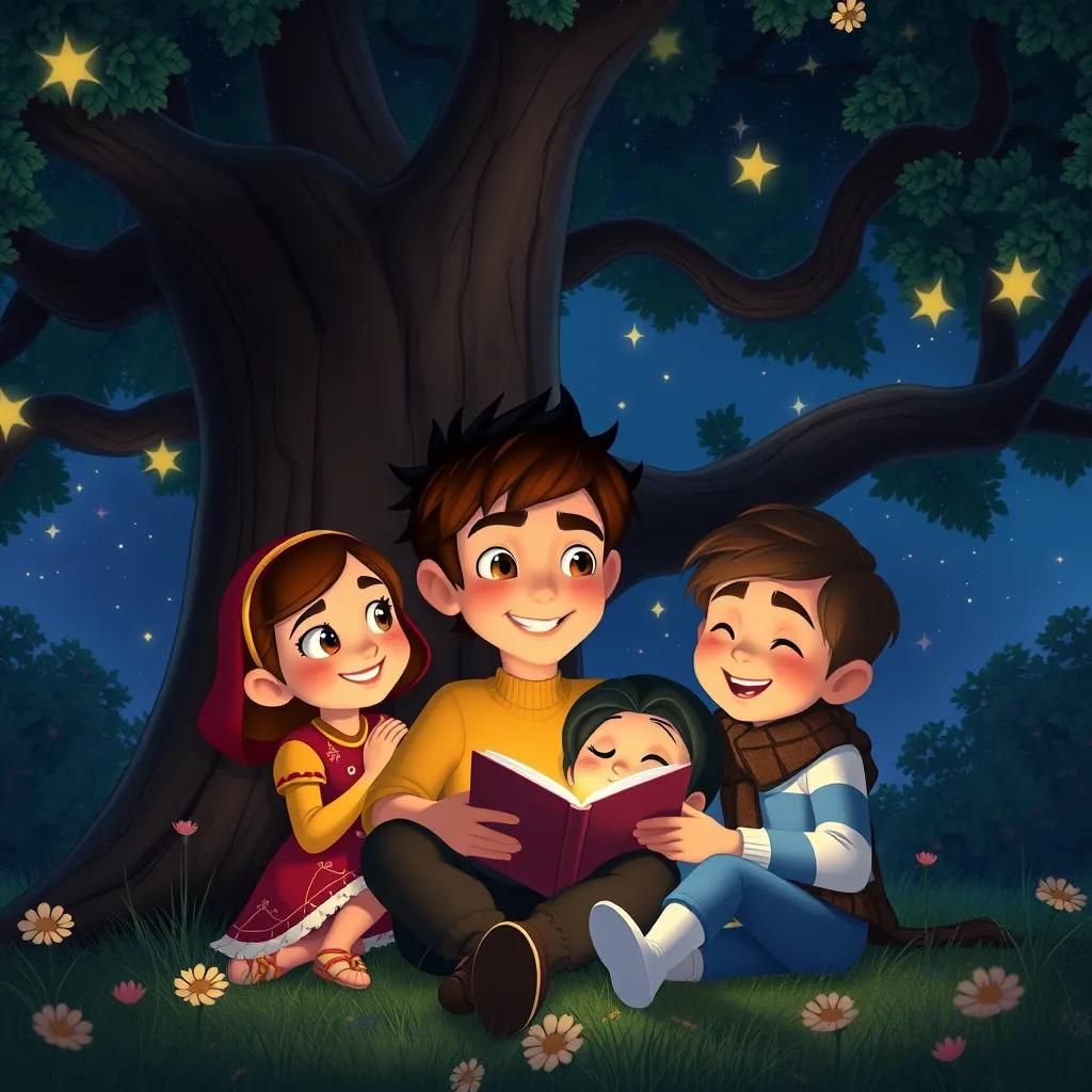 A cozy scene under a big oak tree with Leo cuddled up with Mia and Noah. The night sky is filled with twinkling stars, and Leo shares stories. They all smile, feeling loved and happy in their magical garden.