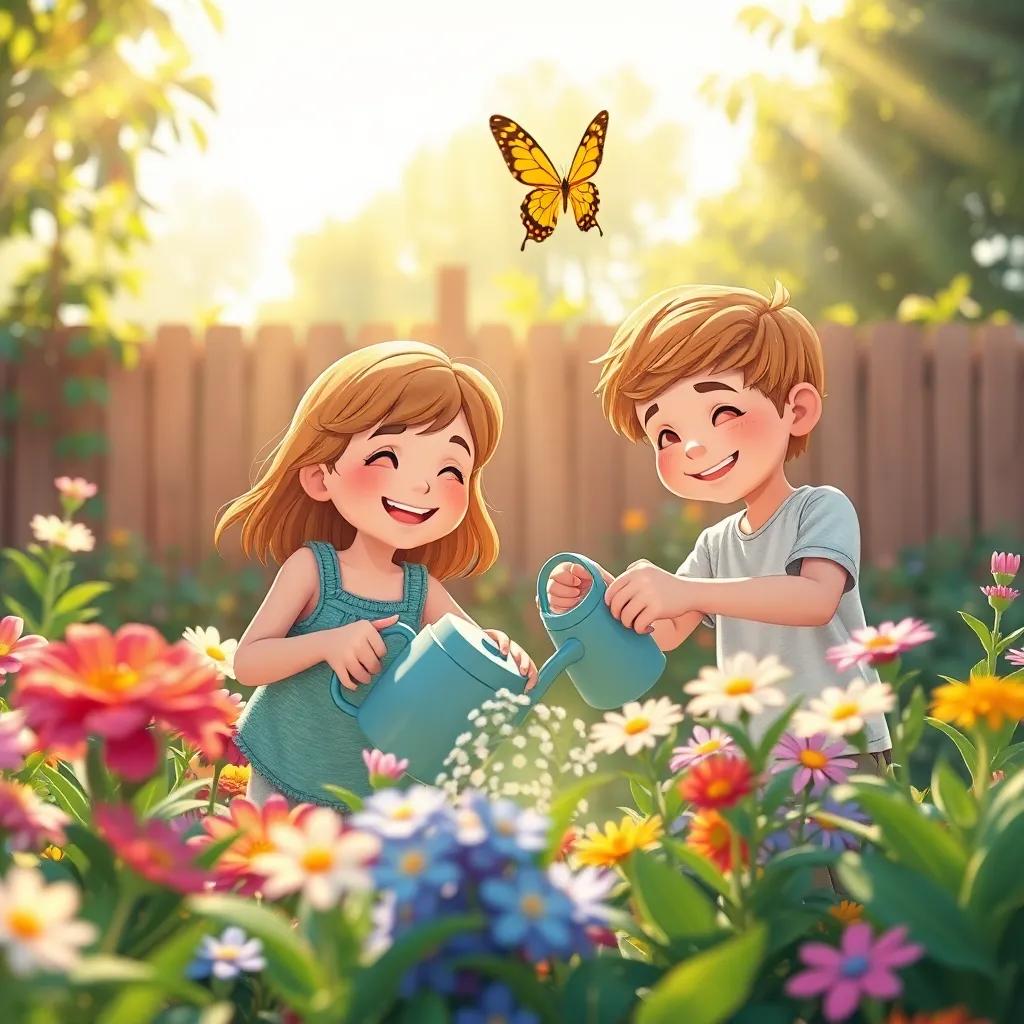 Lily and Leo in their garden, watering the flowers with joy, sunlight shining down, a butterfly flying by, illustration, warm light, friendly vibe, focusing on the characters and their caring actions