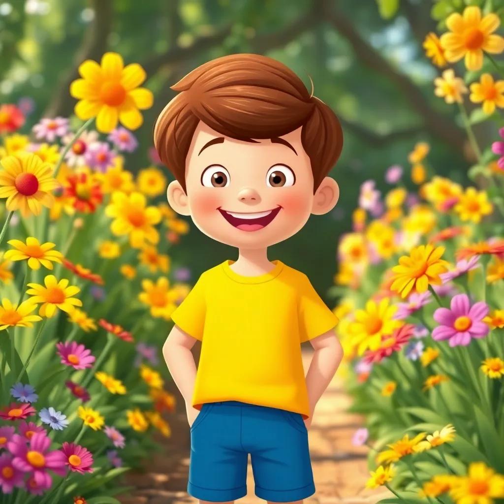 A happy boy named Sam with brown hair, wearing a bright yellow t-shirt and blue shorts, standing in a secret garden full of colorful flowers dancing in the breeze, bright, cheerful, day setting, illustration, vibrant colors, child-friendly