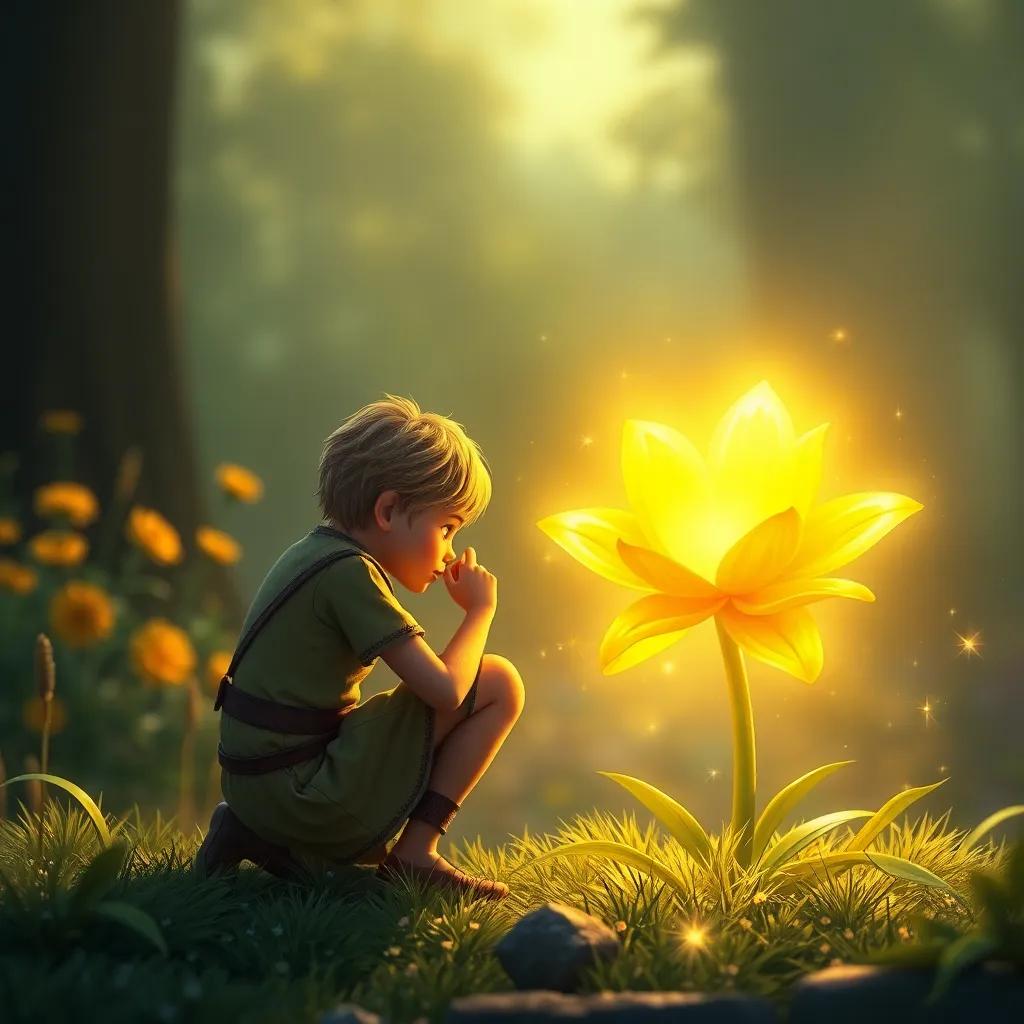 A golden flower shining bright like the sun, with Sam kneeling down beside it, whispering a wish, sparkling magic around the flower, detailed digital art, magical atmosphere, high quality