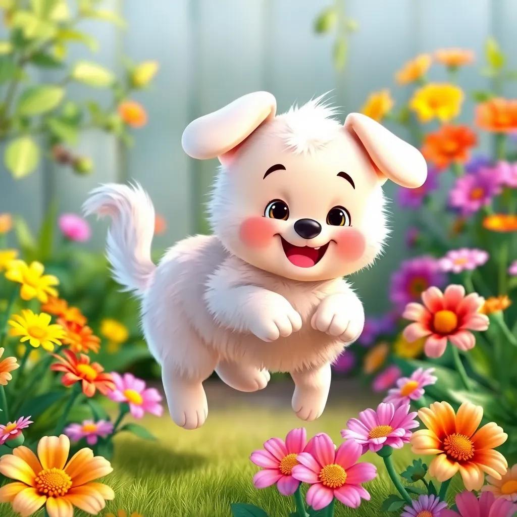A cute fluffy puppy named Buddy, with floppy ears and a wagging tail, jumping around Sam in the garden, both smiling and playing together, colorful flowers surrounding them, cheerful, happy moment, child-friendly