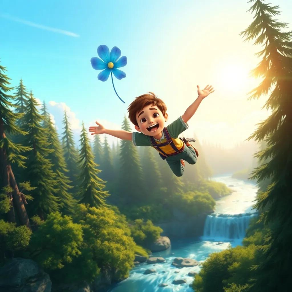 Sam and Buddy flying over tall trees and shining rivers, looking joyful and free, with the blue flower depicted in the background, magical adventure scene, vibrant colors, bright sky, digital art, whimsical