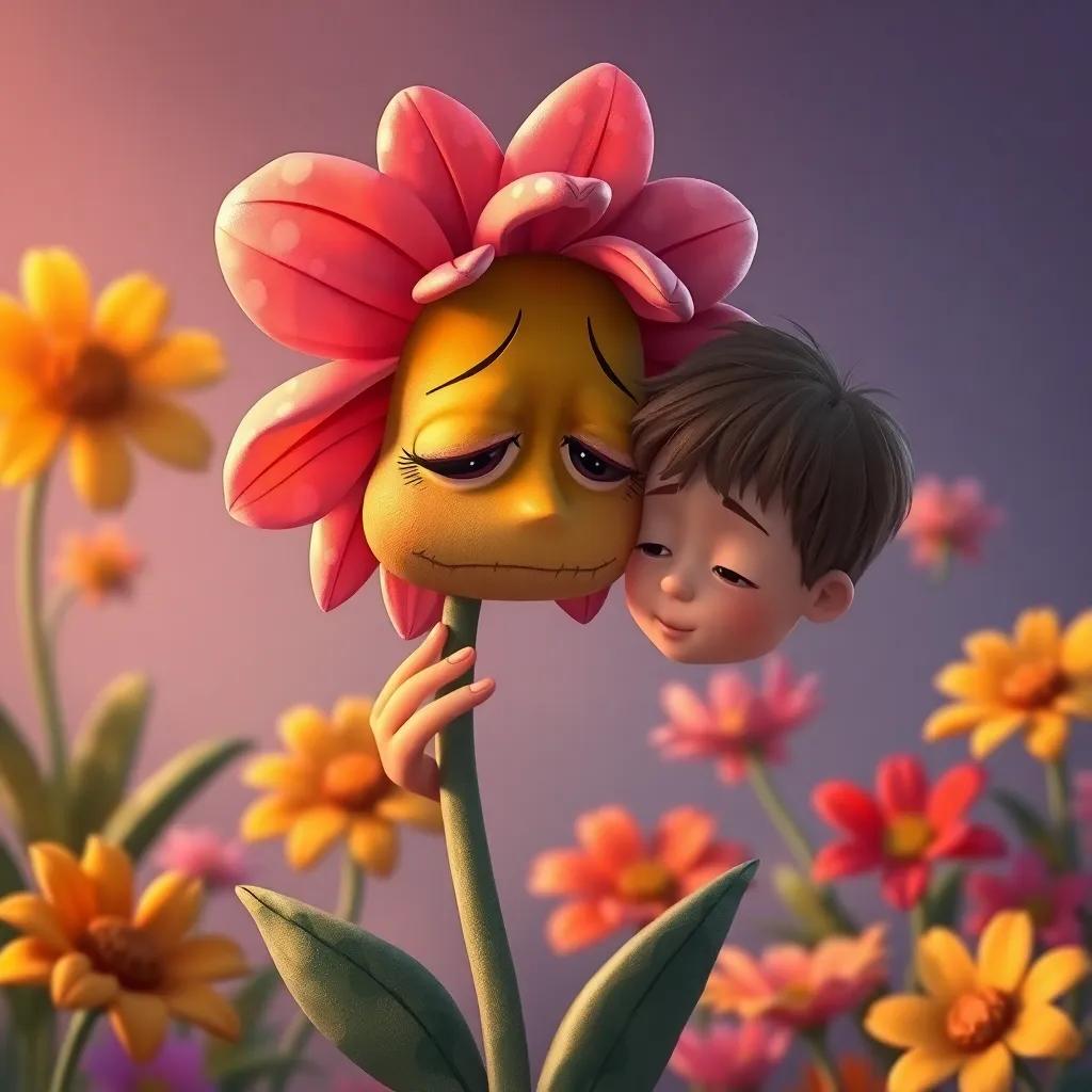A sad flower with droopy petals and a gloomy look, with Sam gently touching it as he wishes for its happiness, surrounded by other colorful flowers, heartfelt scene, warm colors, child-friendly