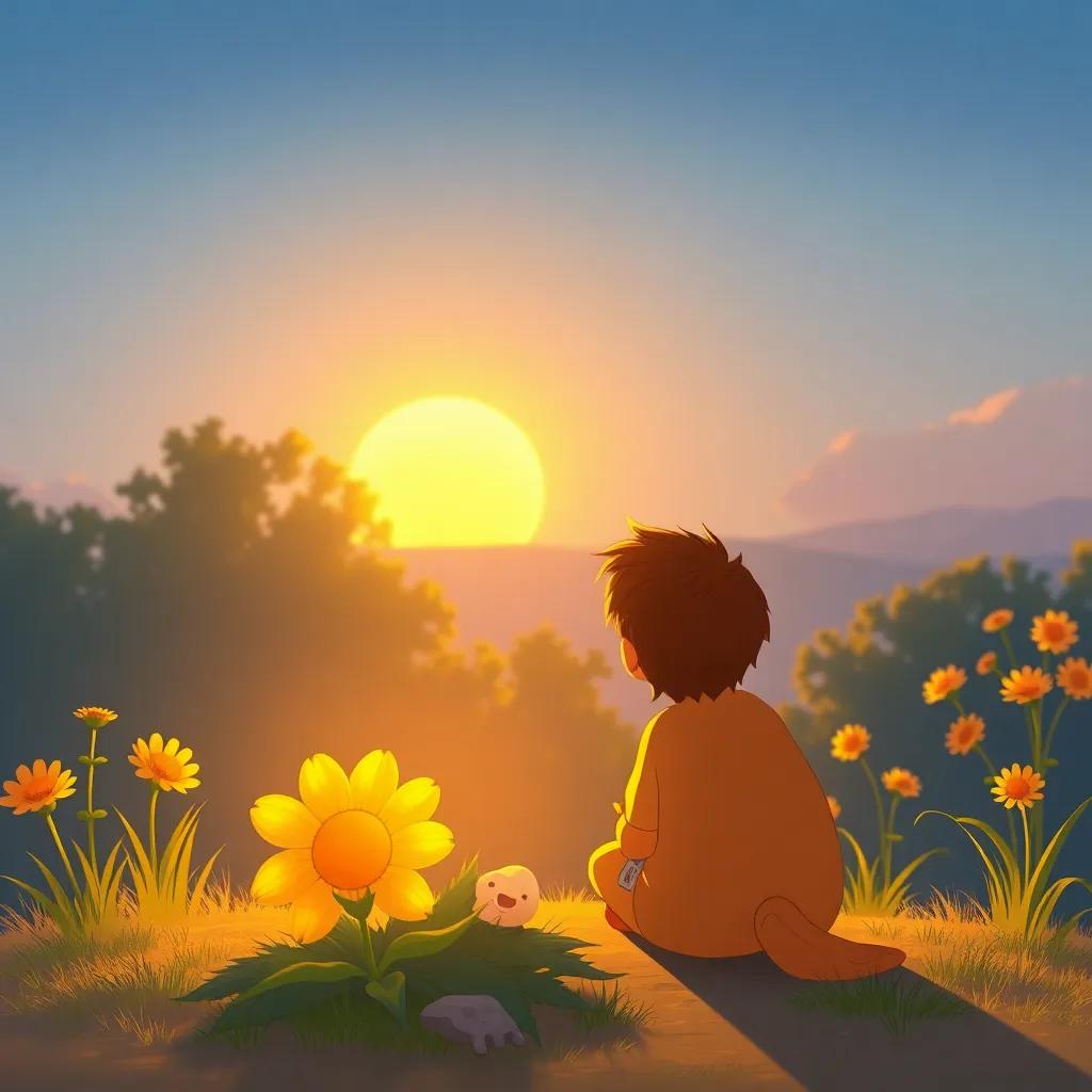 Sam sitting beside the golden flower with Buddy, watching the sun set over the garden, feeling wise and happy, warm light illuminating the peaceful scene, illustration, serene atmosphere, charming