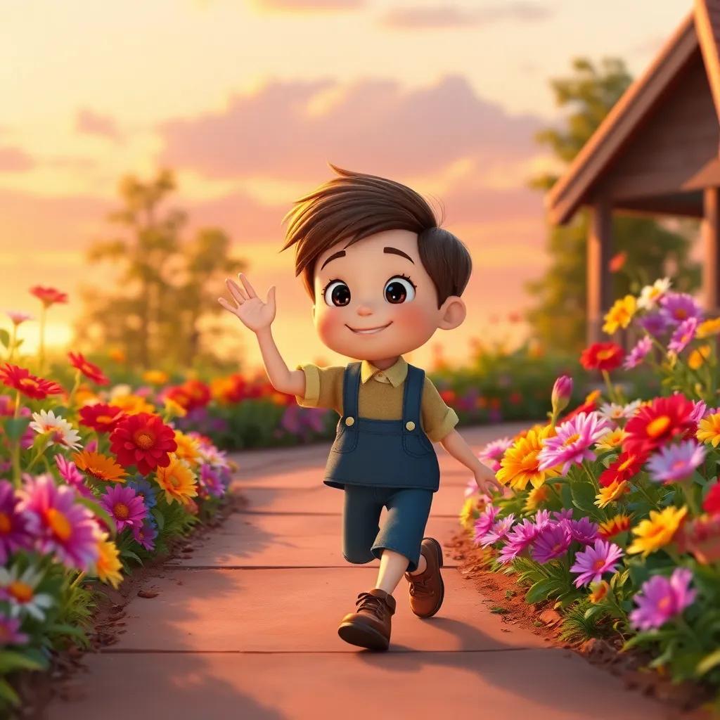 Sam waving goodbye to the colorful flowers in the garden as he walks home, a sense of adventure in his step, colorful flowers in the background against a sunset sky, warm and inviting, digital art, heartwarming