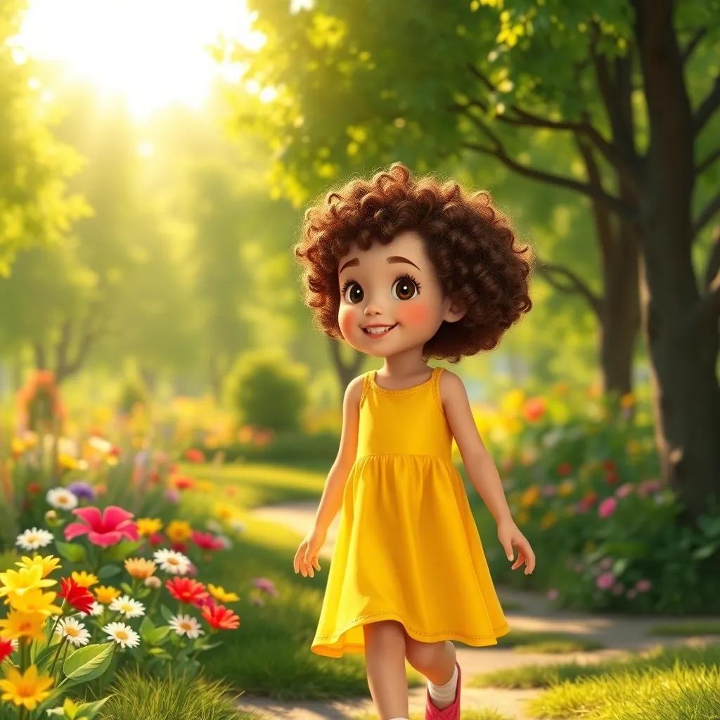 A young girl, Mia, with curly brown hair wearing a bright yellow dress, walking through a sunny park filled with green trees and colorful flowers, exploring, cheerful atmosphere, digital art, vibrant colors, warm light, high quality