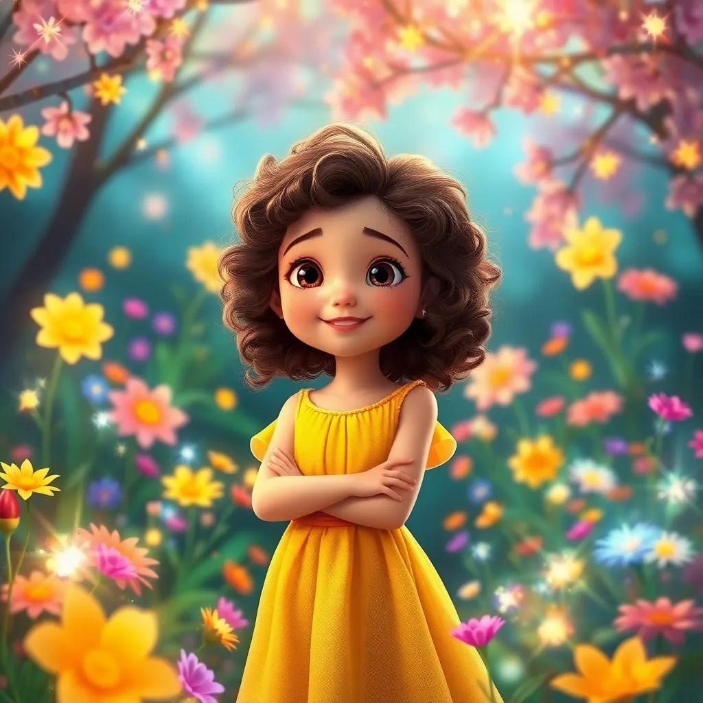 Mia, a young girl with curly brown hair in a yellow dress, standing in a magical garden full of sparkling flowers of different colors, magical ambience, joyful, colorful, enchanting scenery, digital painting, high quality