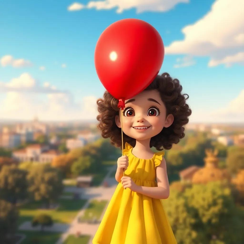 Mia, a young girl with curly brown hair in a yellow dress, holding a shiny red balloon flying high above a park, smiling with excitement, panoramic view, bright blue sky, colorful background, joyful atmosphere, high quality digital art