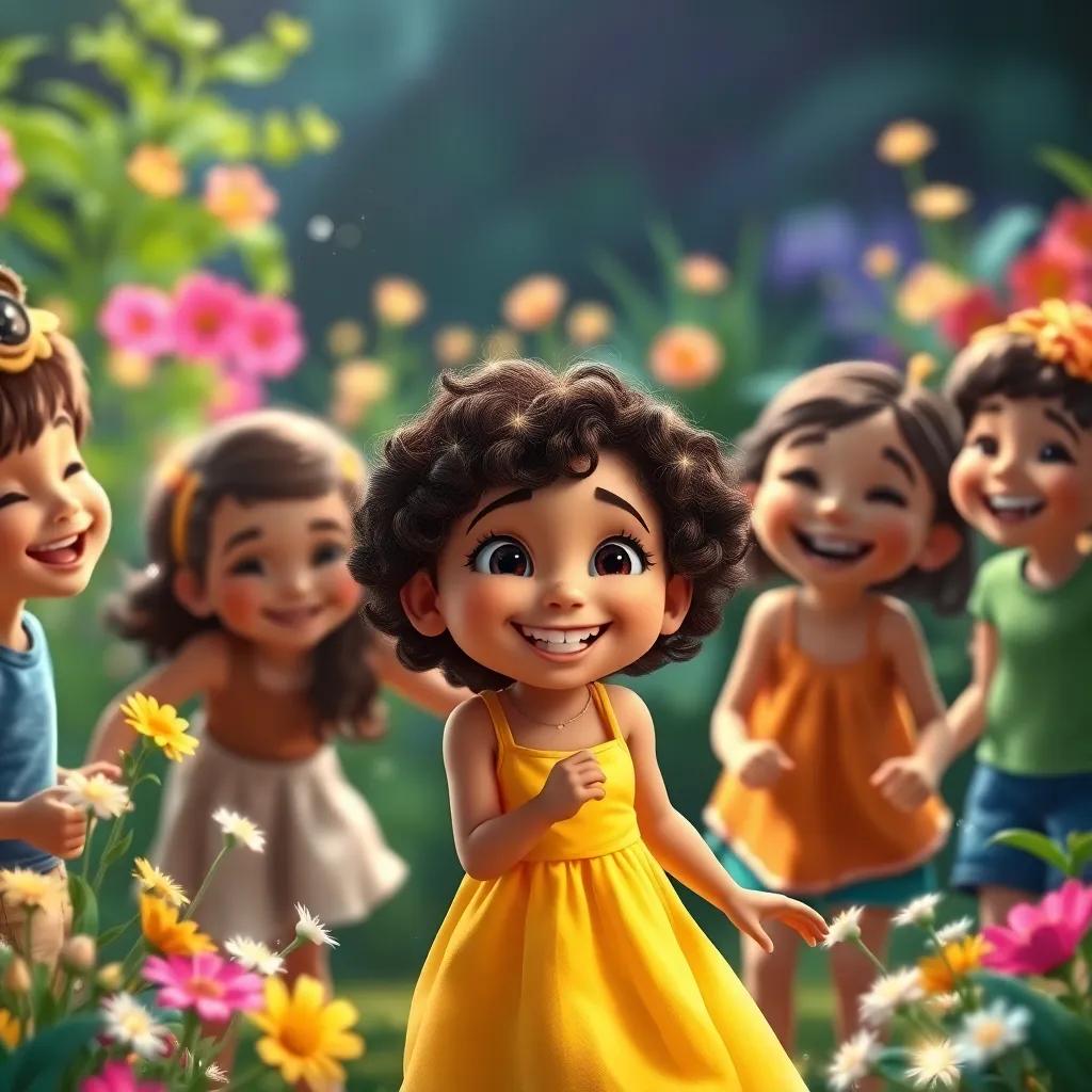 A group of happy children smiling and dancing in a garden, surrounded by sparkling flowers, Mia, a young girl with curly brown hair in a yellow dress, laughing among them, fun and joyful vibes, magical lighting, vibrant colors, high quality