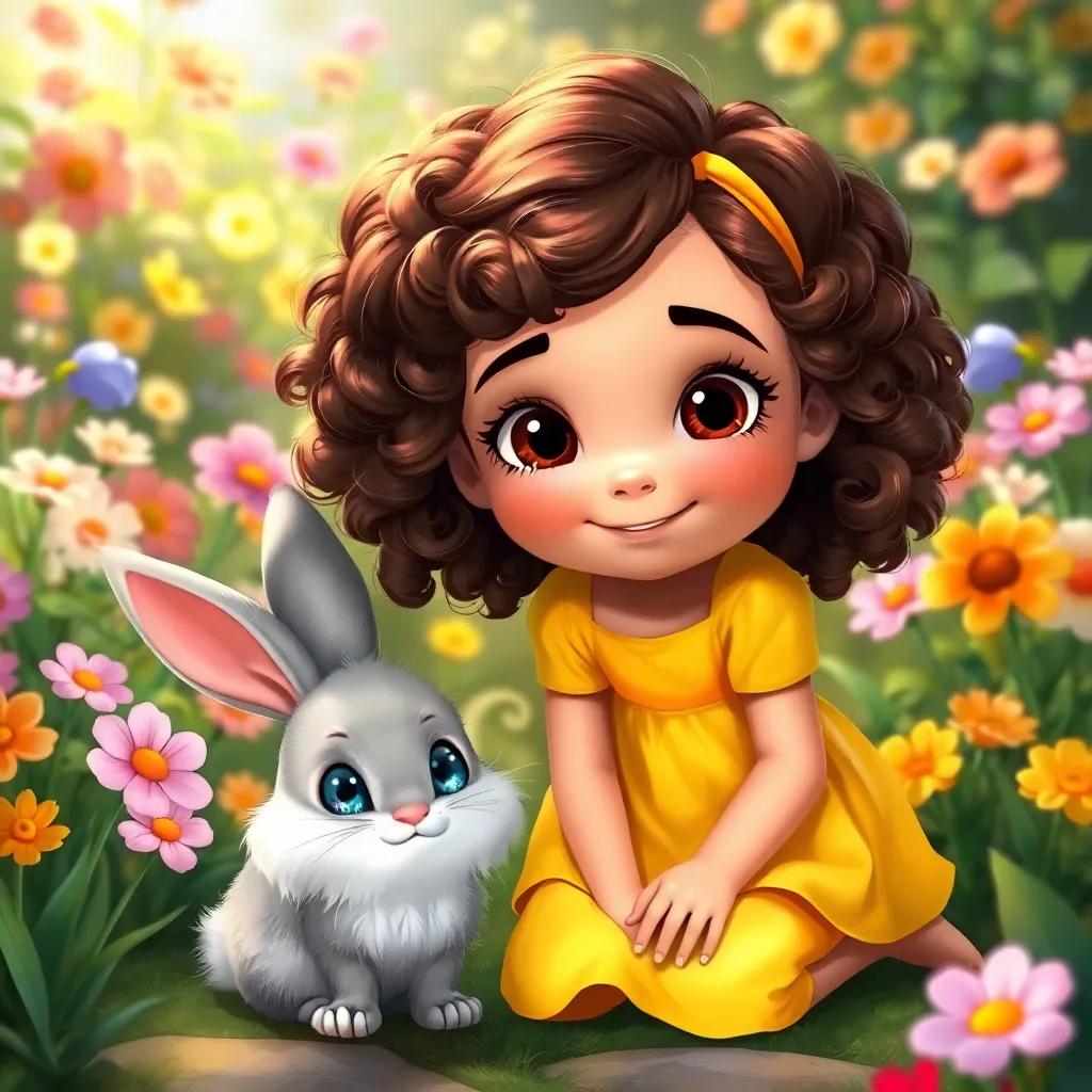Mia, a young girl with curly brown hair wearing a yellow dress, kneeling next to a fluffy bunny with sparkly eyes in a beautiful garden with colorful flowers, cheerful and friendly atmosphere, magical scenario, high quality digital painting