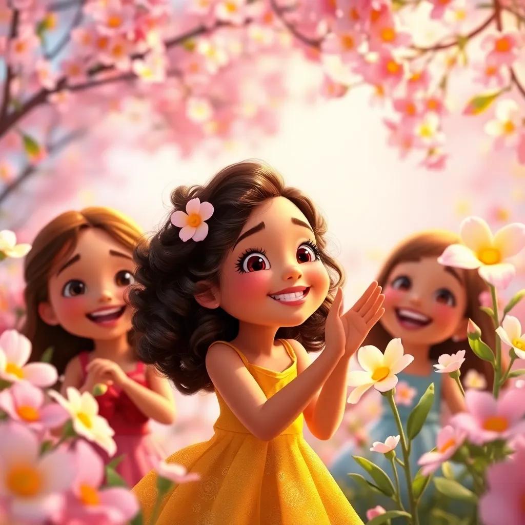 Mia, a young girl with curly brown hair in a yellow dress, happily wishing with her friends amidst blooming flowers, the flowers glowing brightly, heartwarming scene, joyful expressions, colorful light, high quality