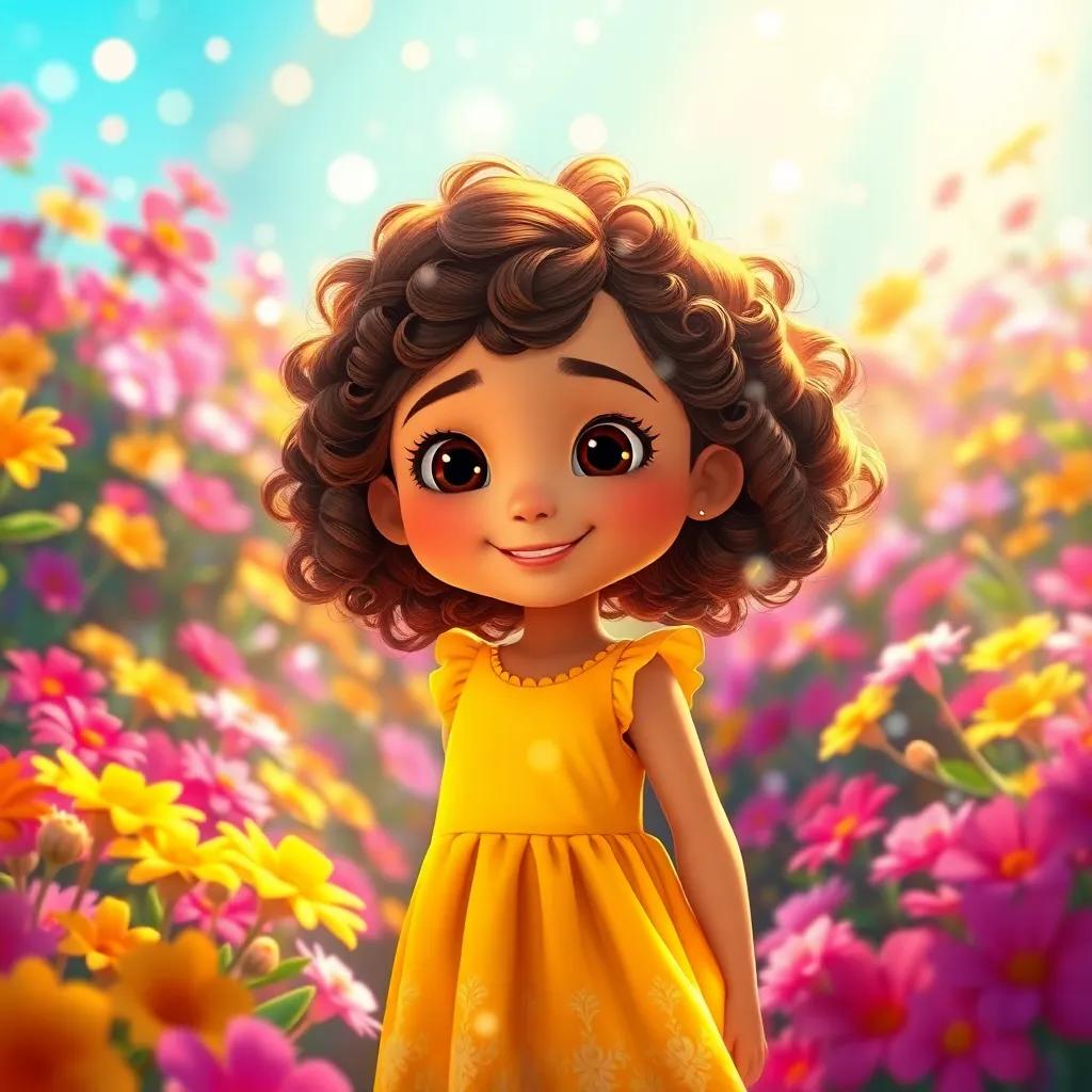 Mia, a young girl with curly brown hair in a yellow dress, standing in a vibrant garden full of flowers, showered with vibrant colors and glowing light, joyous and magical feeling, high quality digital art